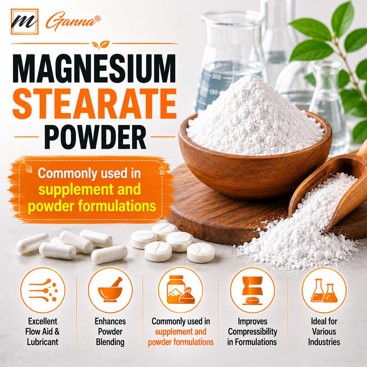 mGanna Magnesium Stearate Powder close-up of fine powder