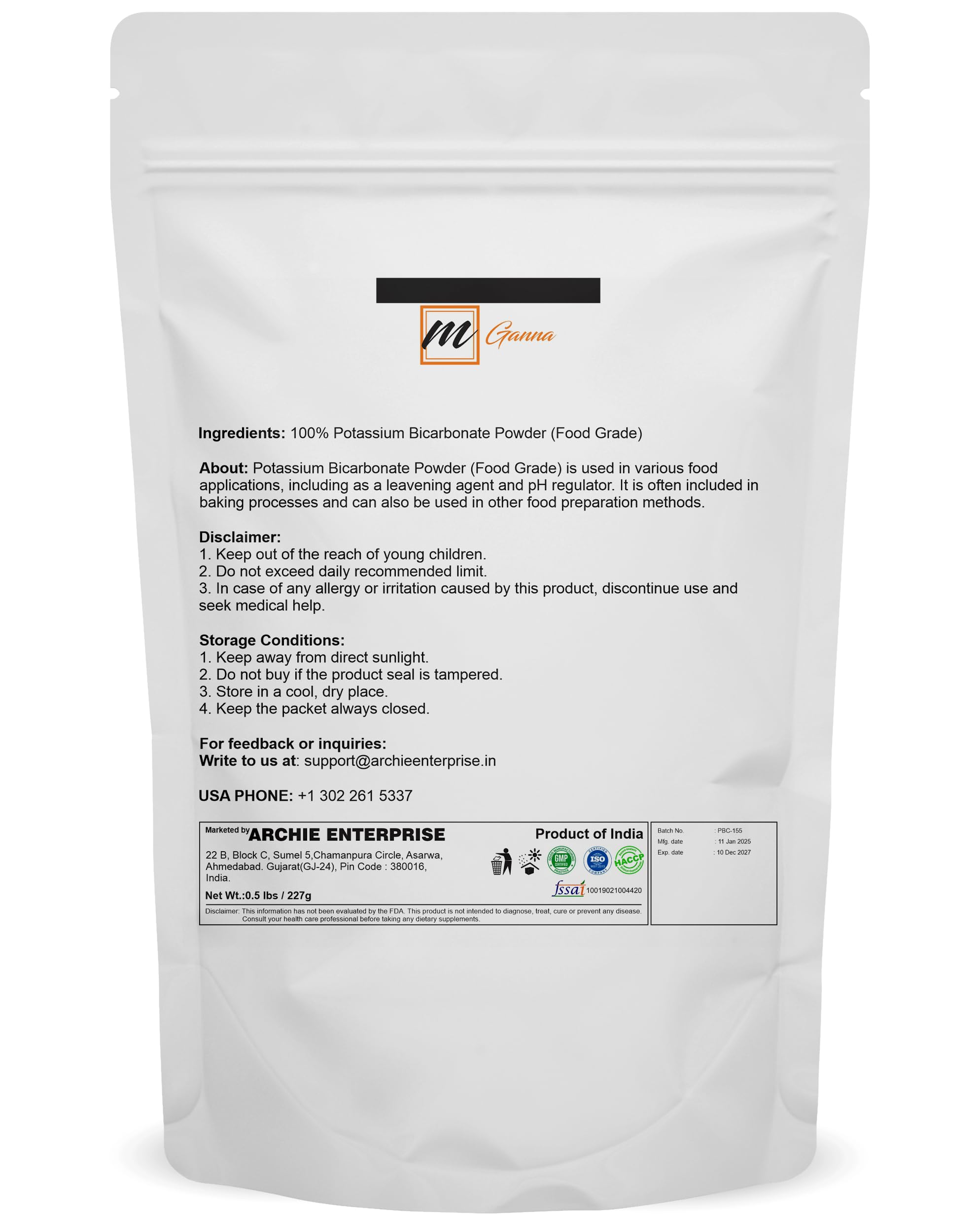 mGanna Potassium Powder 227g back view with ingredient details