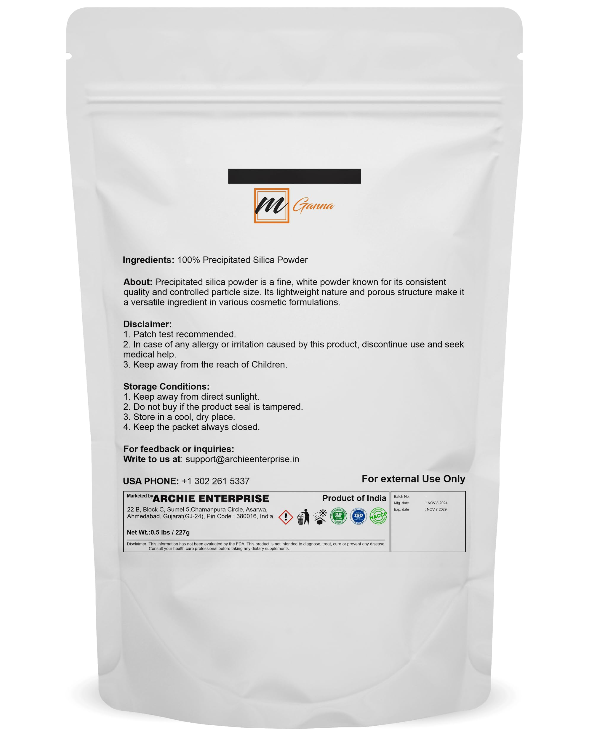 mGanna Pure White Precipitated Silica Fine Powder 227g packaging