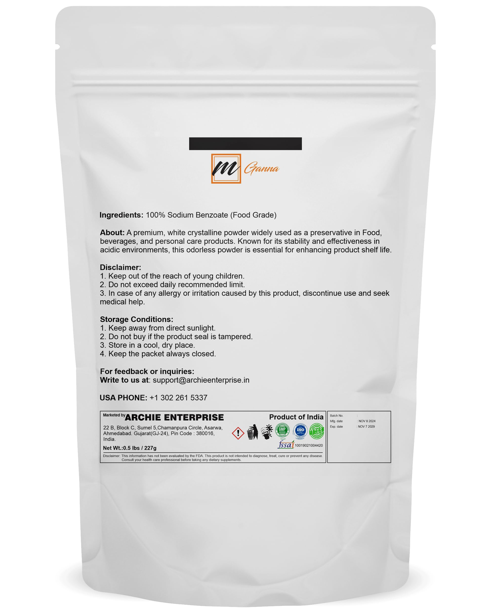 mGanna Sodium Benzoate Powder 227g back view with ingredient list