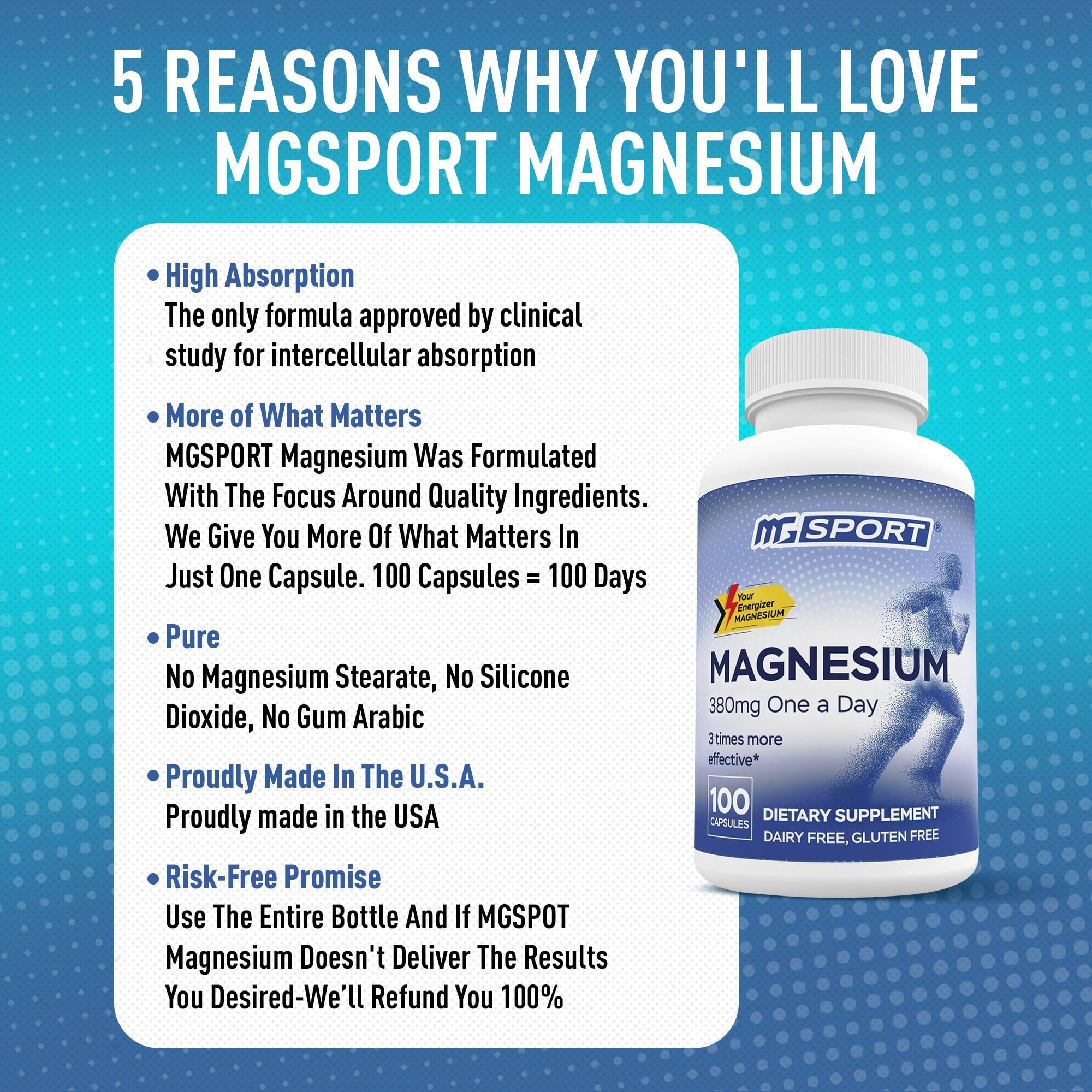 MgSport Magnesium Supplement 380mg capsule on a table