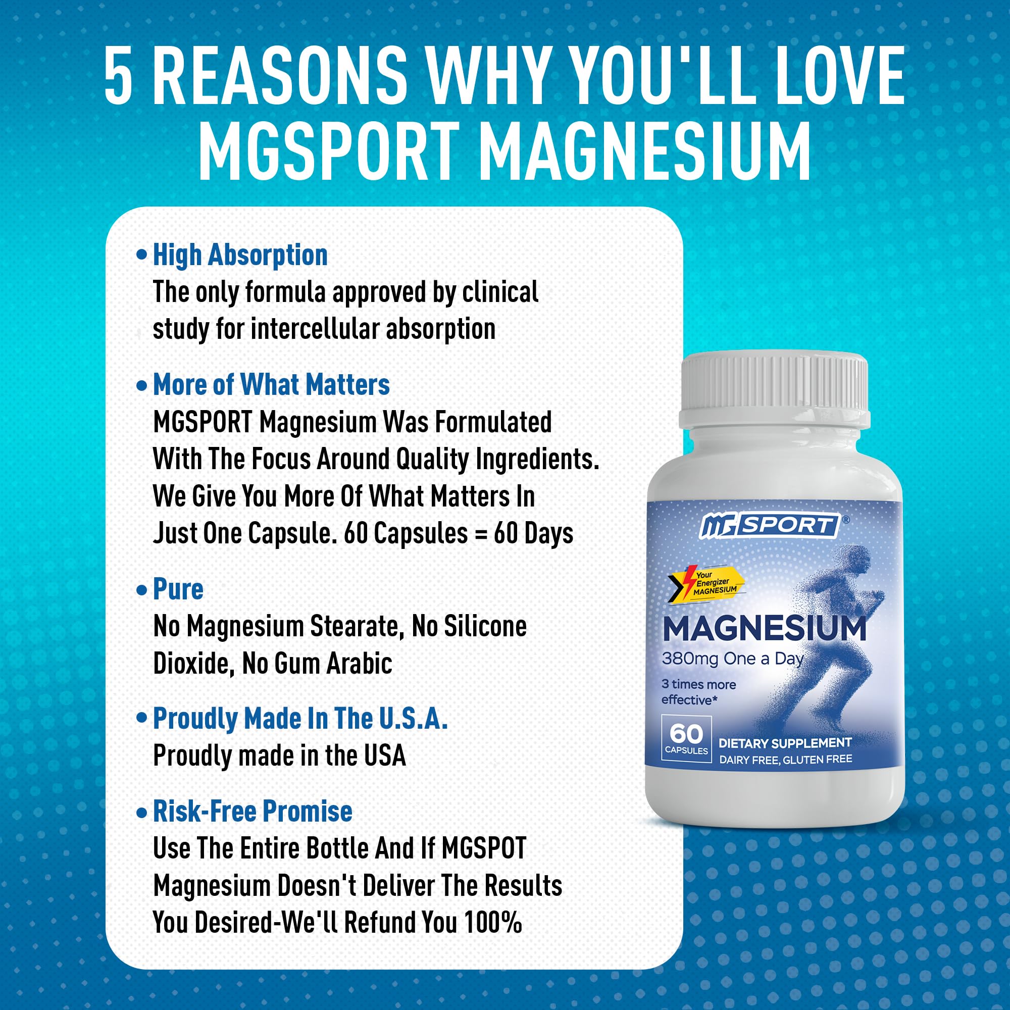 MgSport Magnesium Supplement 380mg capsule on a wooden table