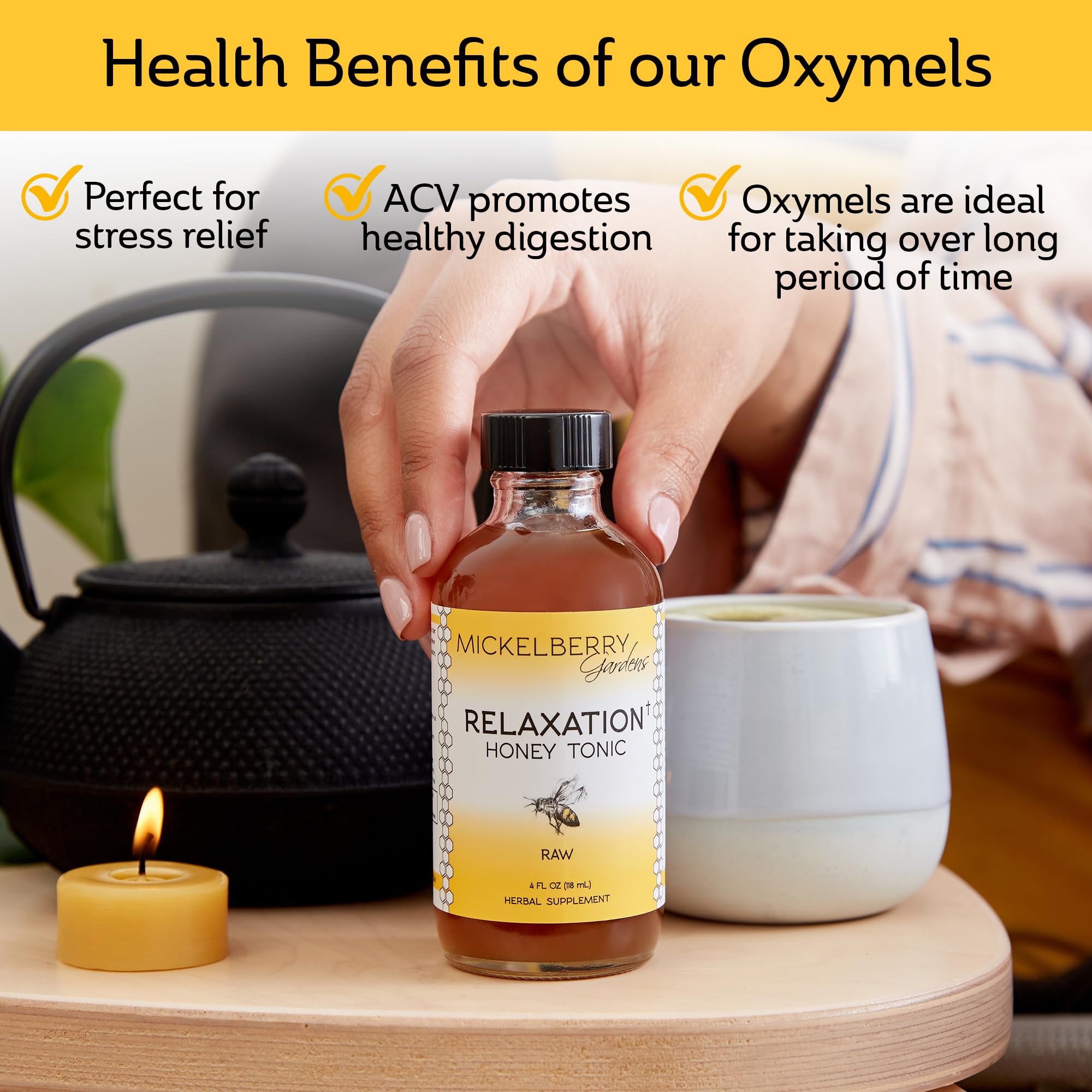 Mickelberry Gardens daily wellness Honey Tonic 8oz bottles on a table