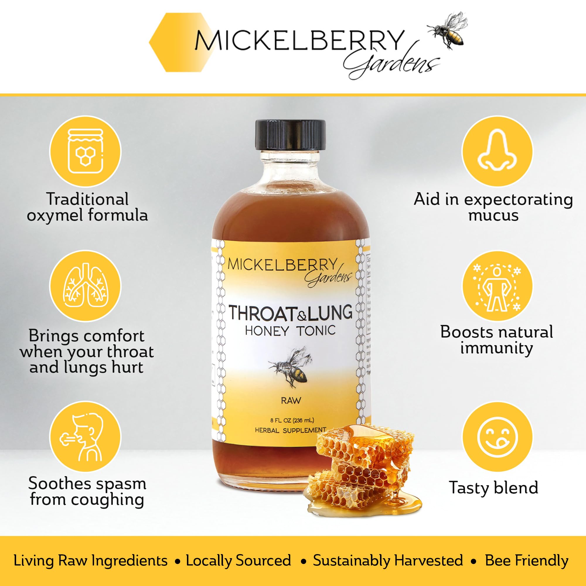 Mickelberry Gardens Throat & Lung Honey Tonic bottle with ingredients