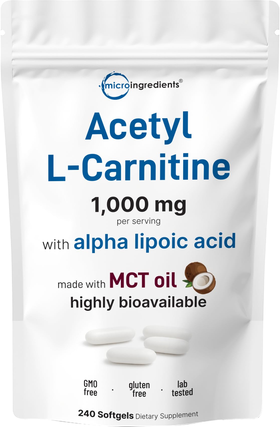 Micro Ingredients Acetyl L-Carnitine 240 softgels front view