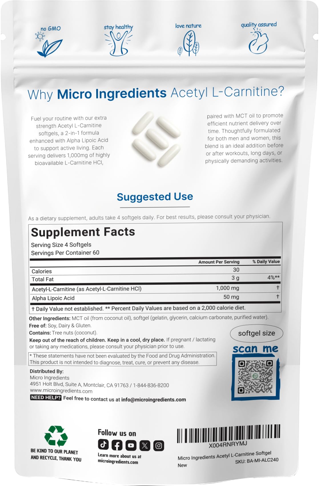 Micro Ingredients Acetyl L-Carnitine nutritional information