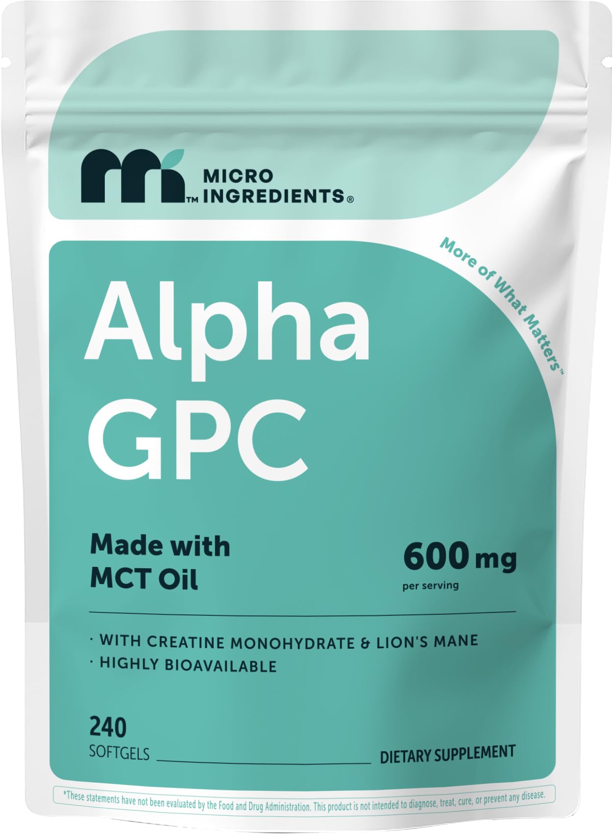 Micro Ingredients Alpha GPC Softgels 600mg front view