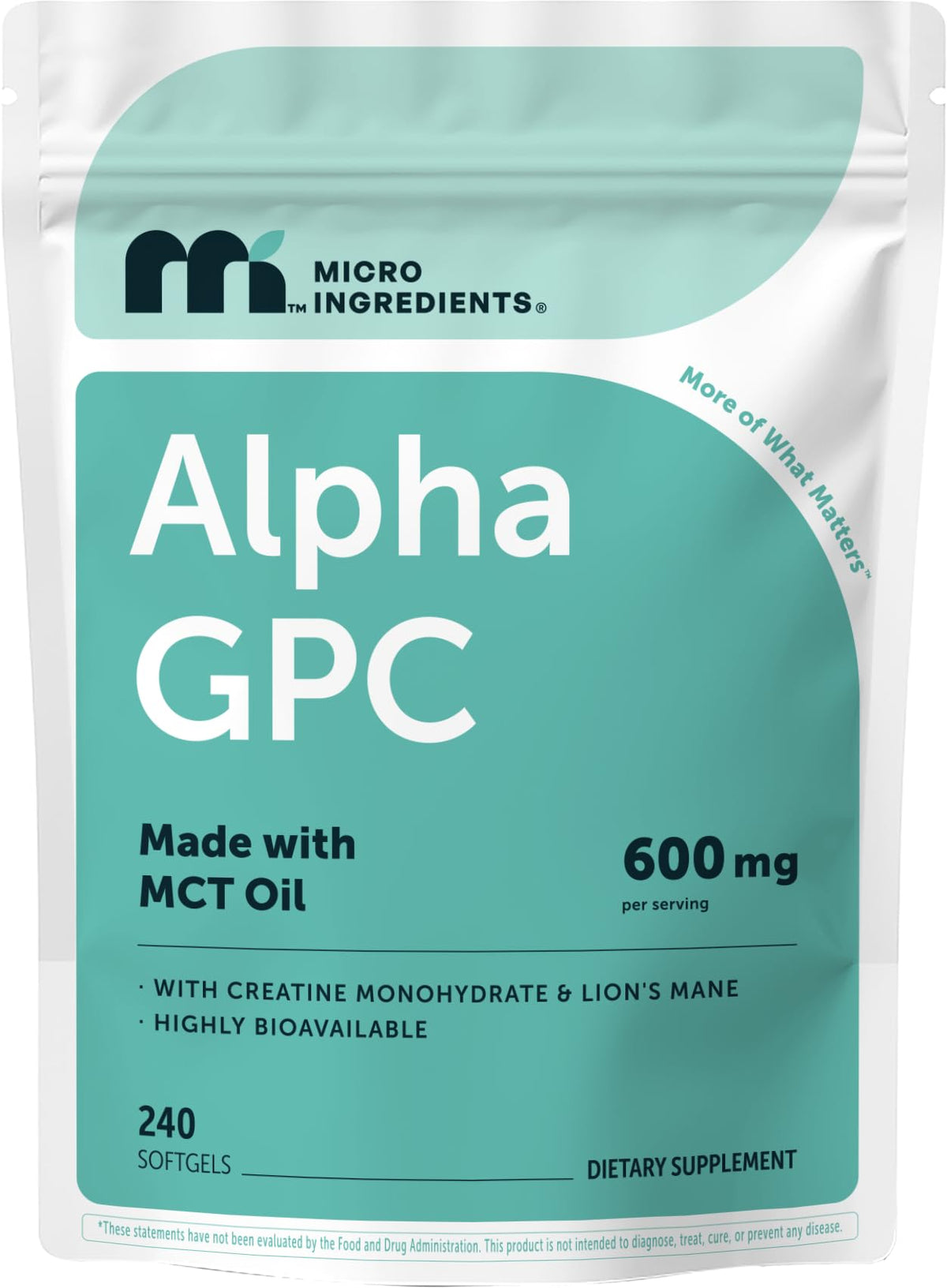 Micro Ingredients Alpha GPC Softgels 600mg front view