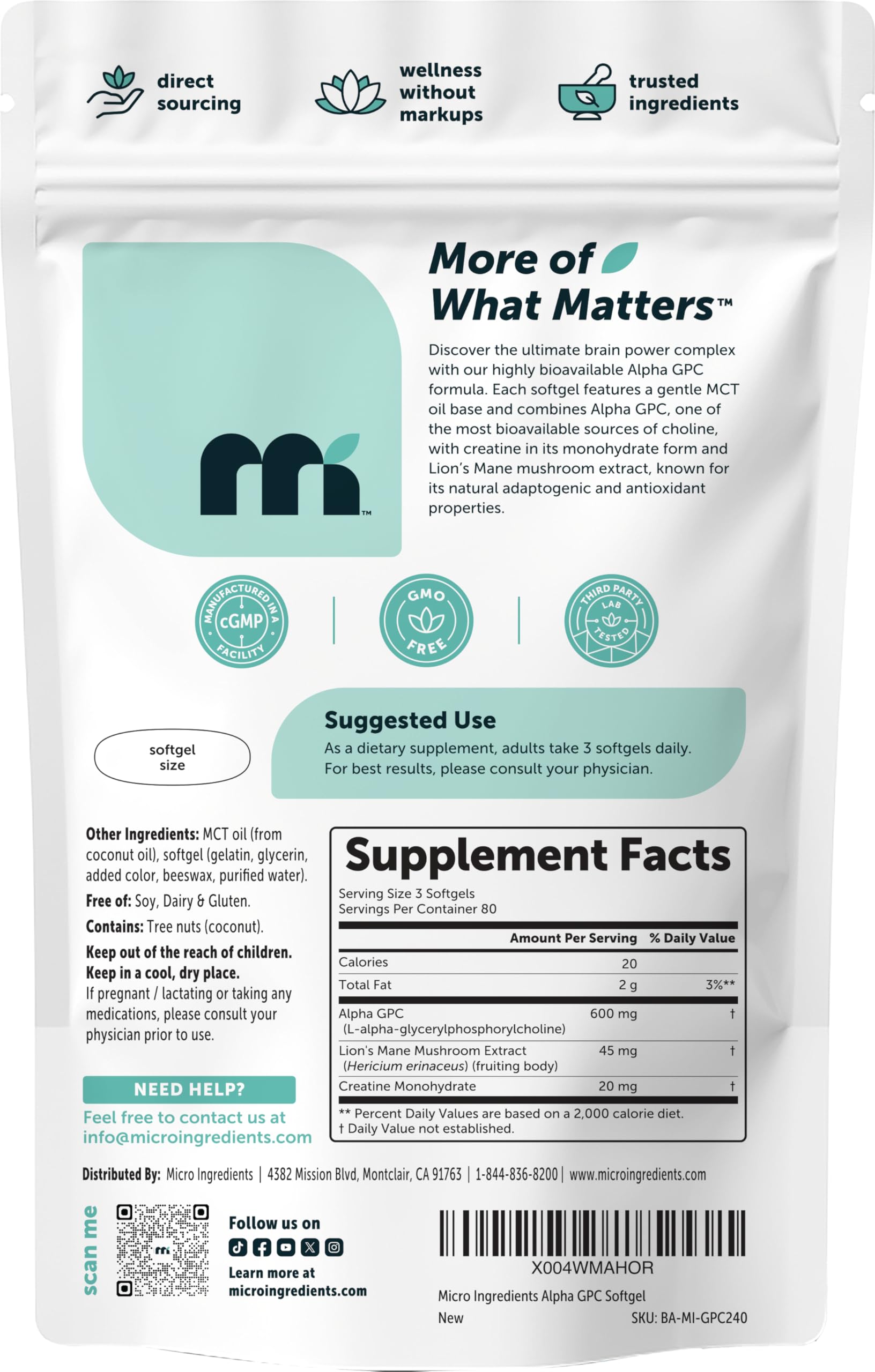 Micro Ingredients Alpha GPC Softgels 600mg side view