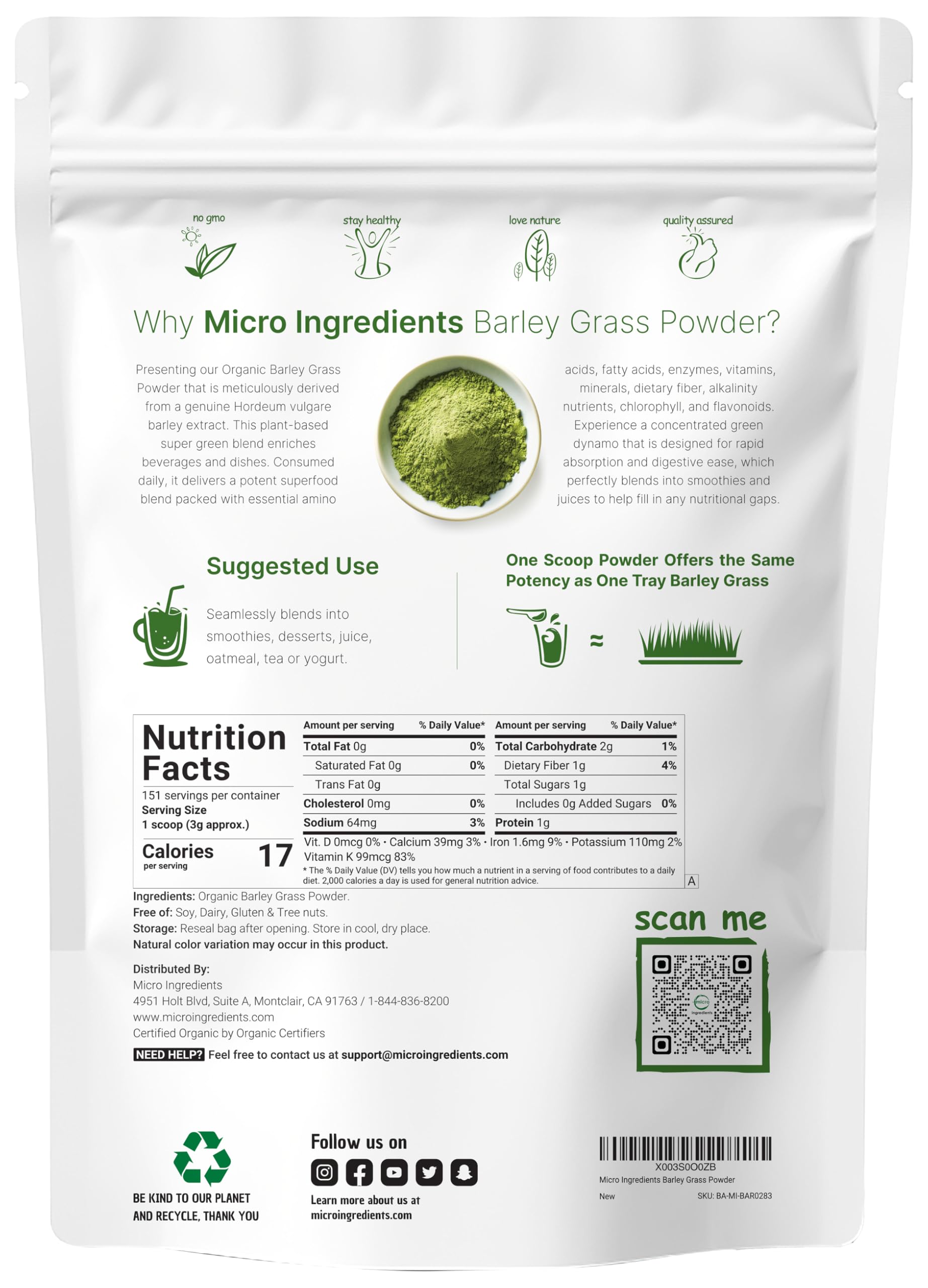 Micro Ingredients Barley Grass Powder 16oz back view with nutritional information