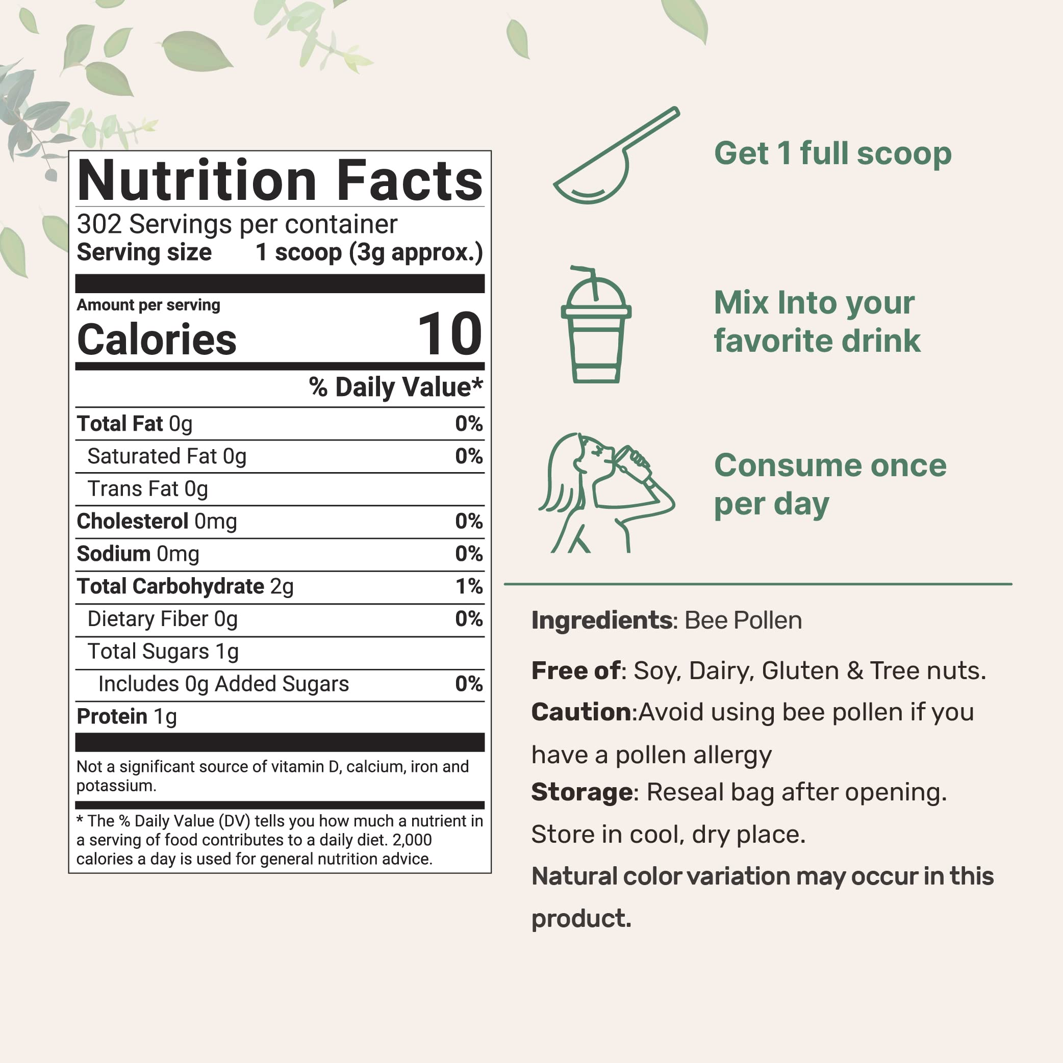 Micro Ingredients Bee Pollen Granules back view with nutritional information