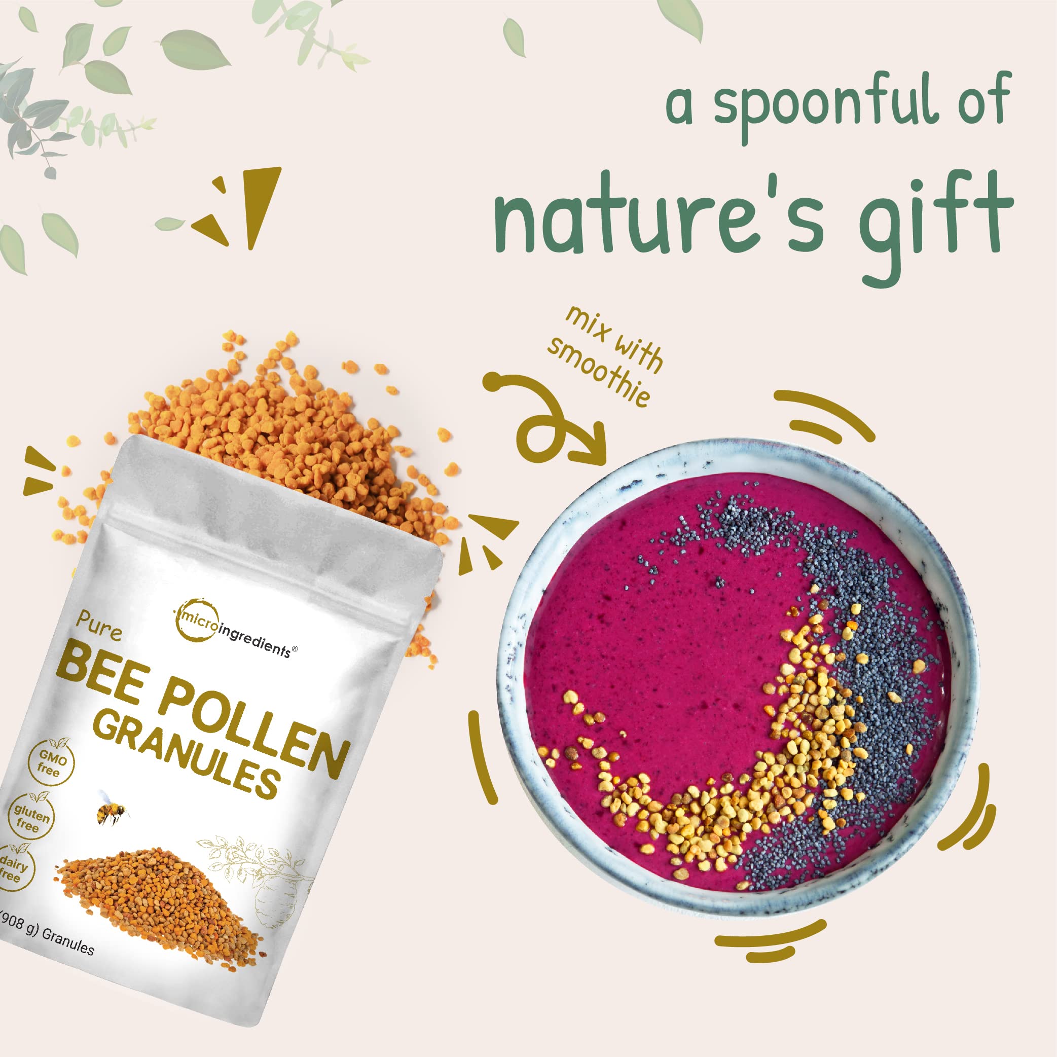 Micro Ingredients Bee Pollen Granules packaging with a measuring scoop