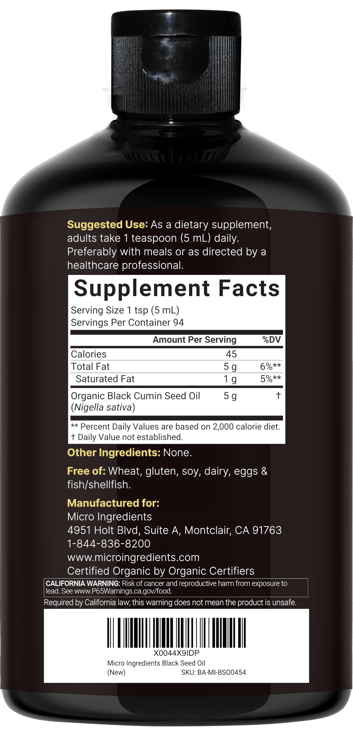 Micro Ingredients Black Seed Oil bottle side view