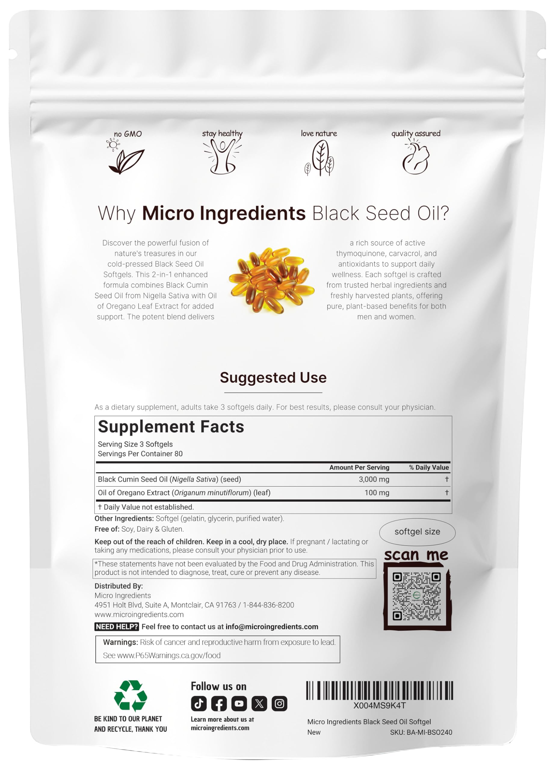 Micro Ingredients Black Seed Oil softgel close-up showing size