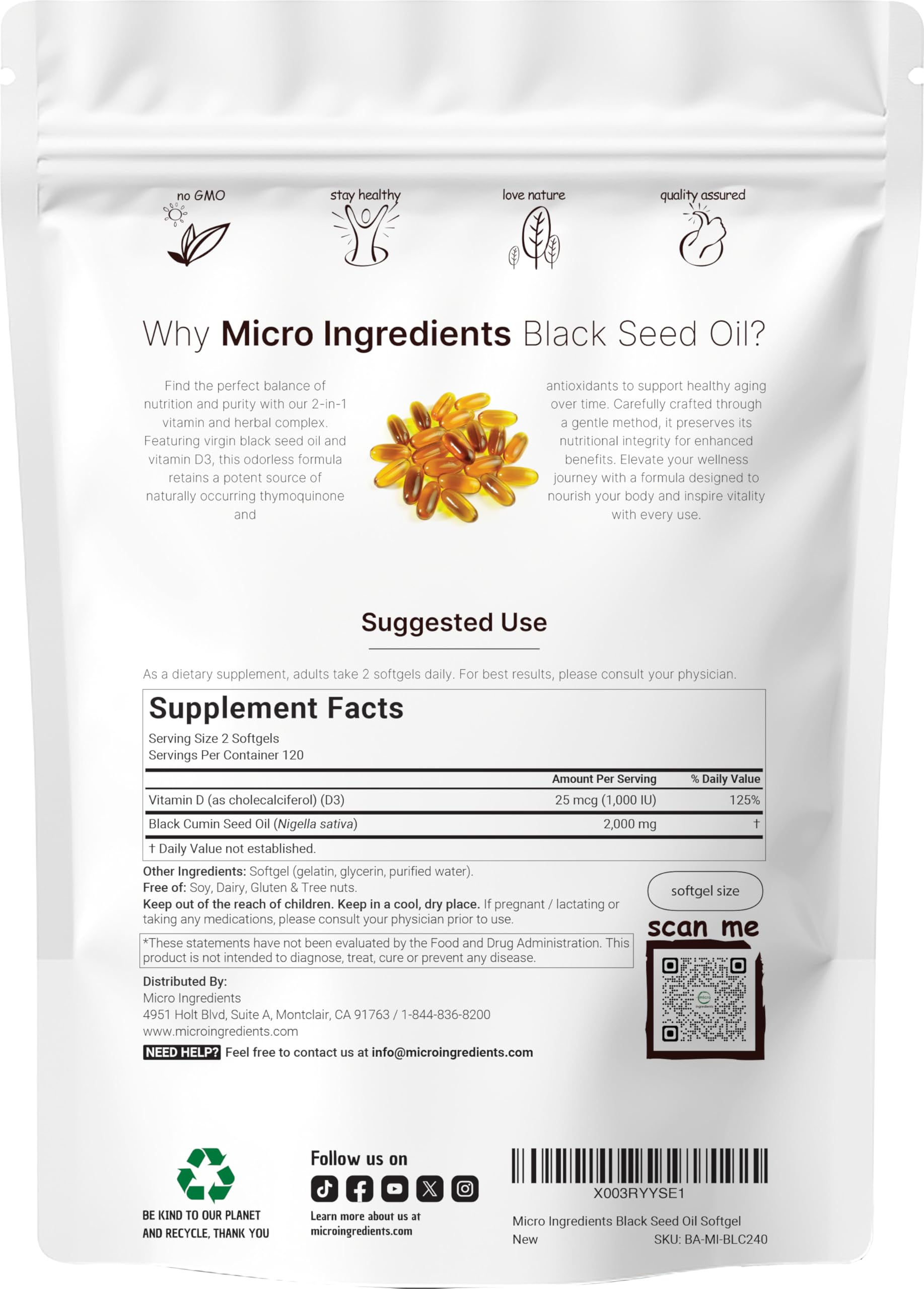 Micro Ingredients Black Seed Oil Softgels side view showing softgel size