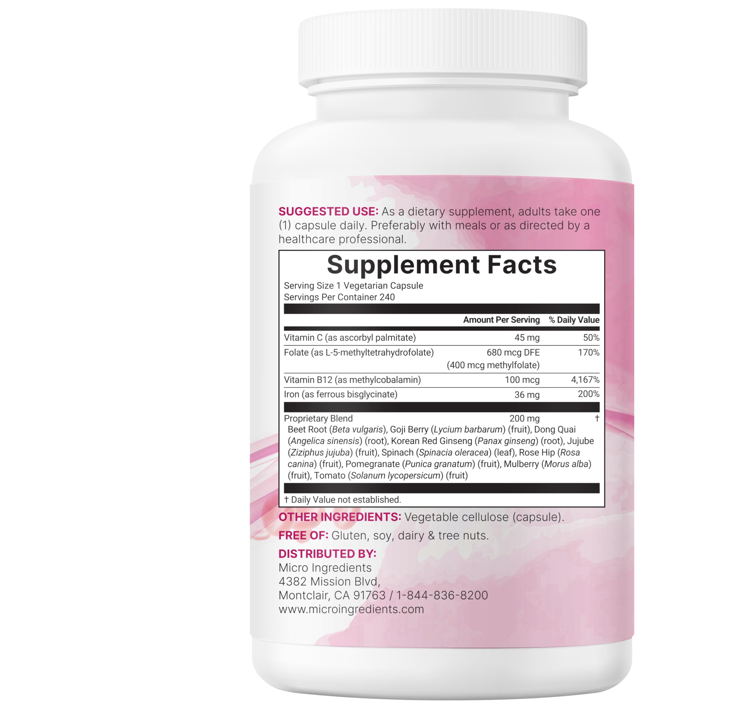 Micro Ingredients Blood+ Advanced Iron Supplement back view of bottle