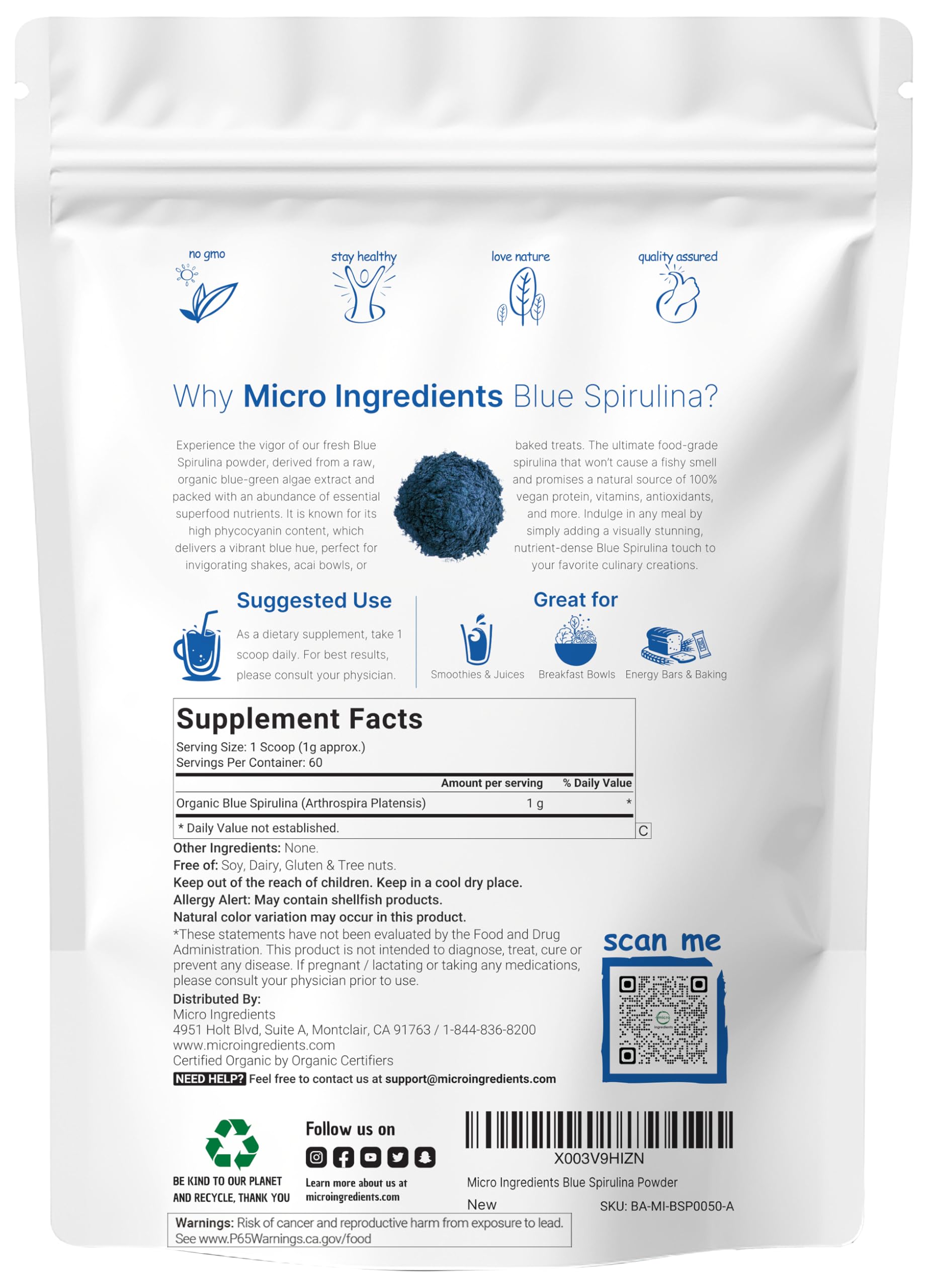 Micro Ingredients Blue Spirulina Powder scoop showing vibrant blue colour