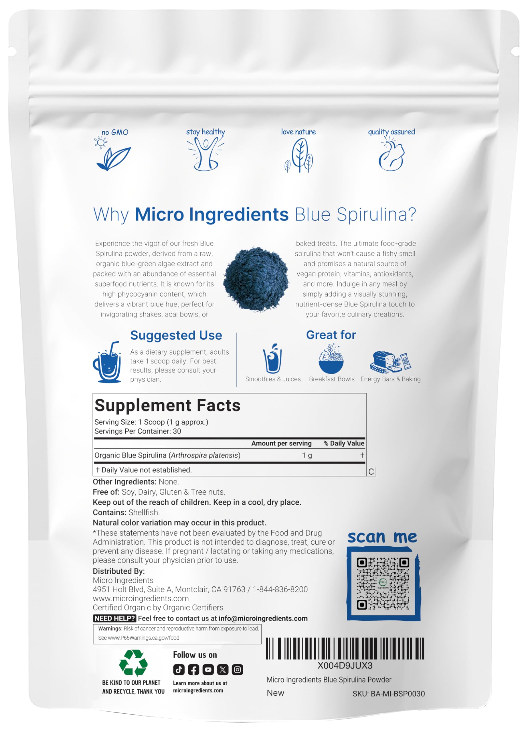 Micro Ingredients Blue Spirulina Powder scoop with blue powder