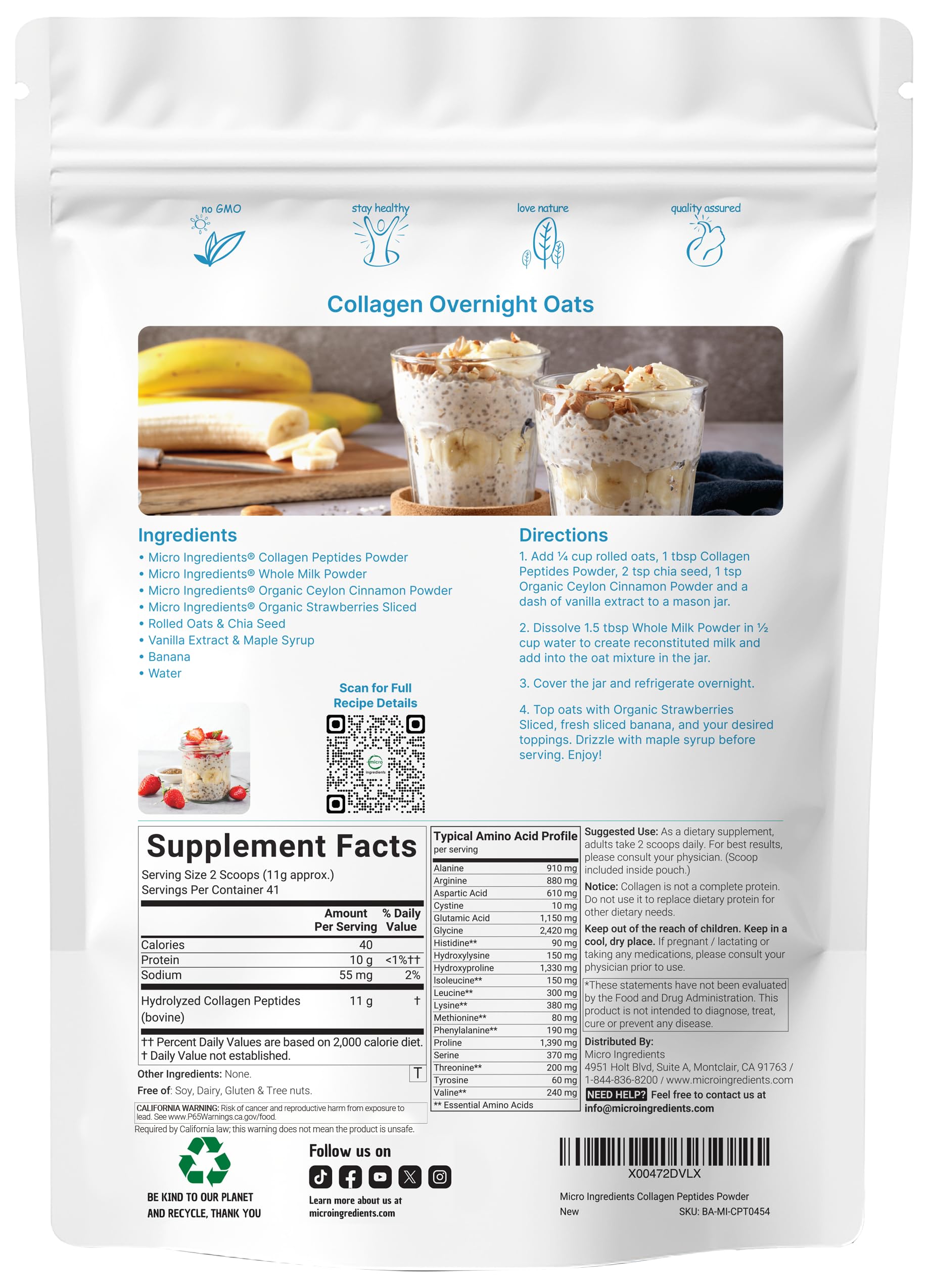 Micro Ingredients Bovine Collagen Peptide Powder 1lb back view with nutritional information