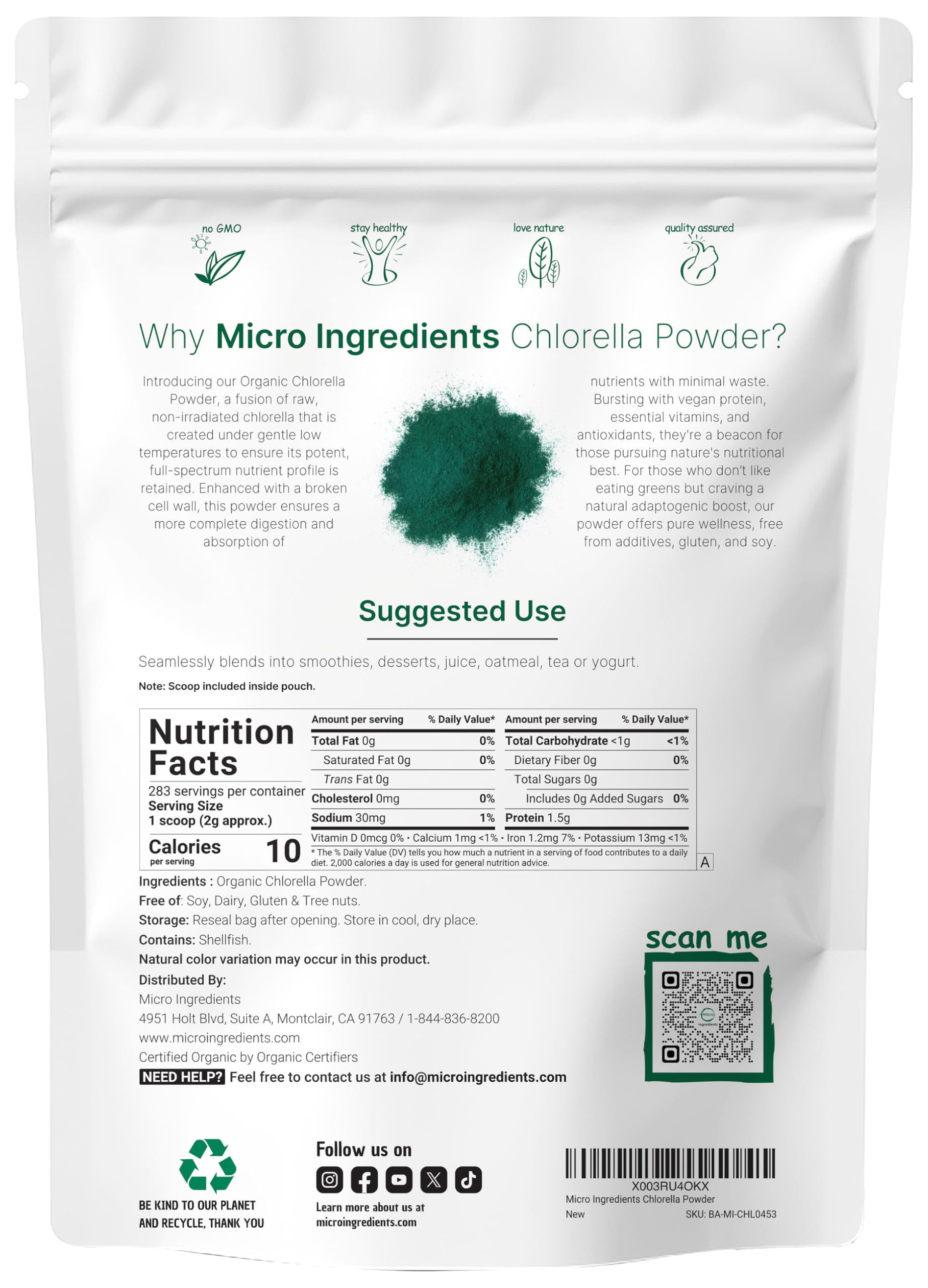 Micro Ingredients Chlorella Powder packaging side view