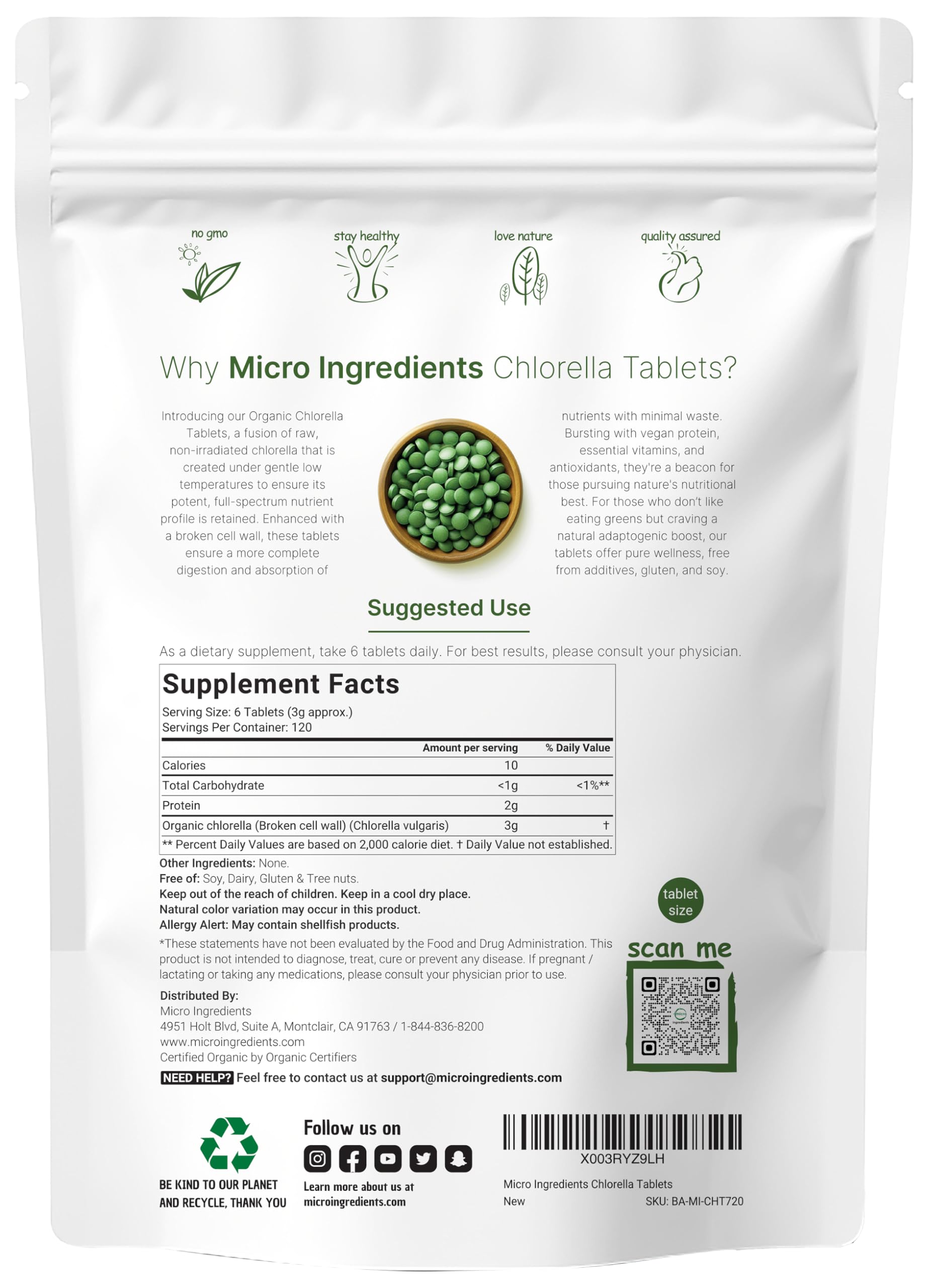 Micro Ingredients Chlorella Tablets packaging side view