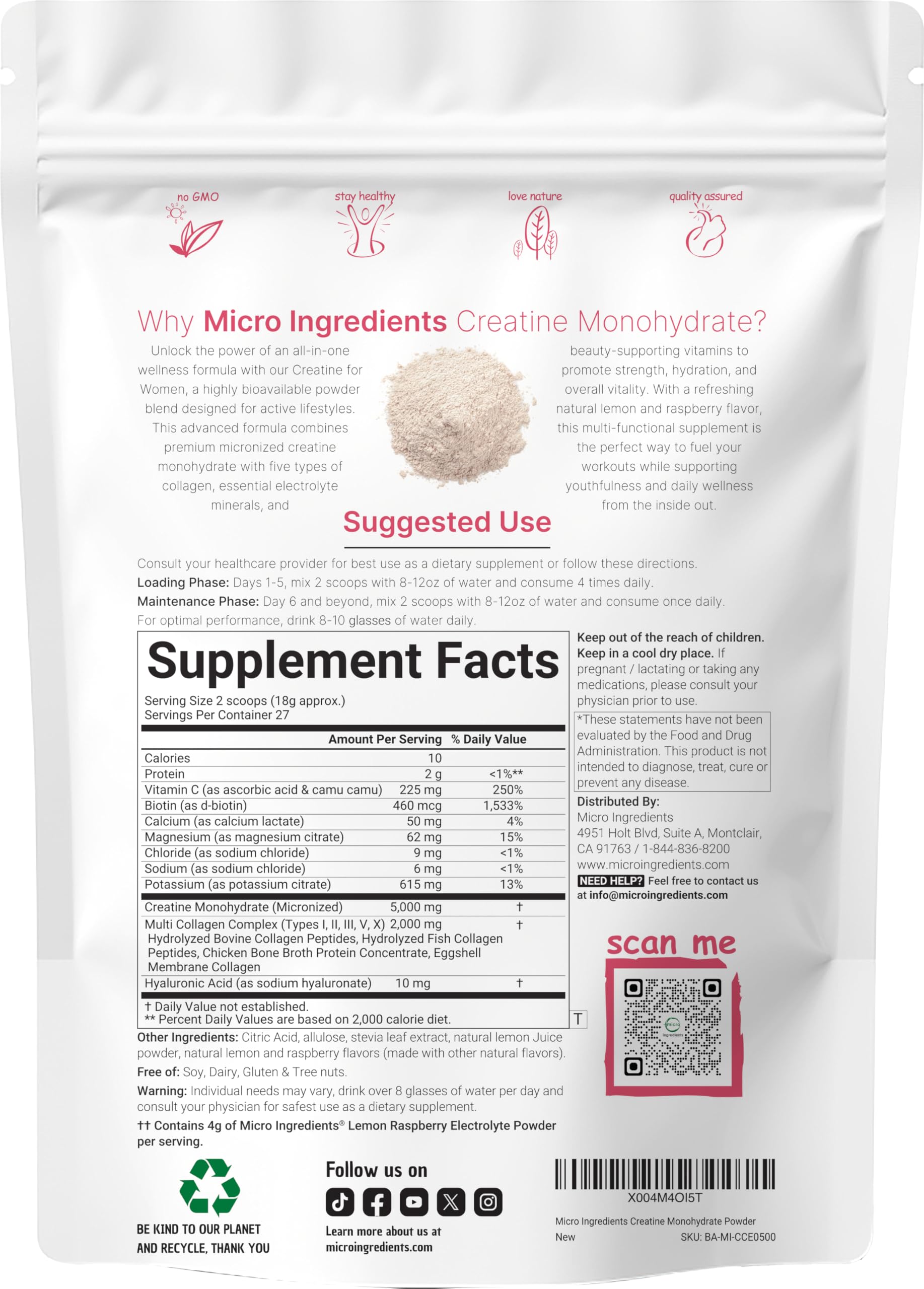 Micro Ingredients Creatine Monohydrate 500g nutritional information
