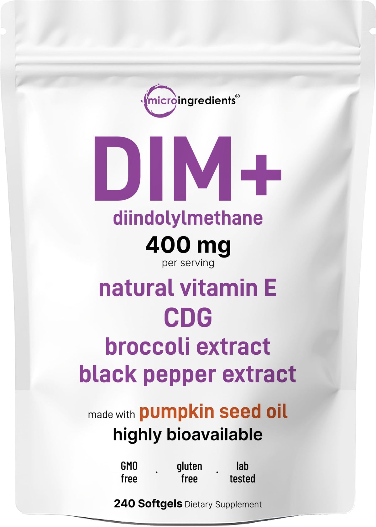 Micro Ingredients DIM+ Softgels 400mg front view of packaging