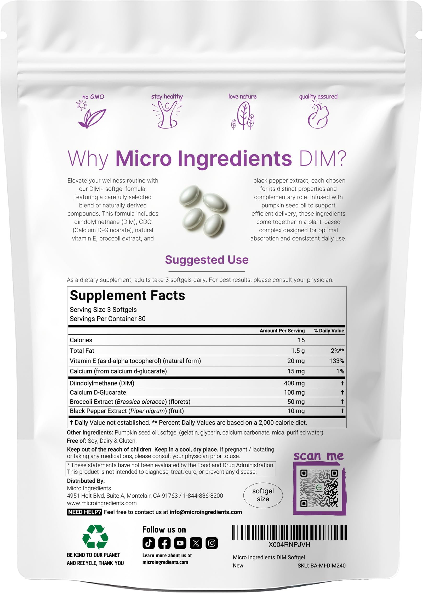 Micro Ingredients DIM+ Softgels showing 240 count