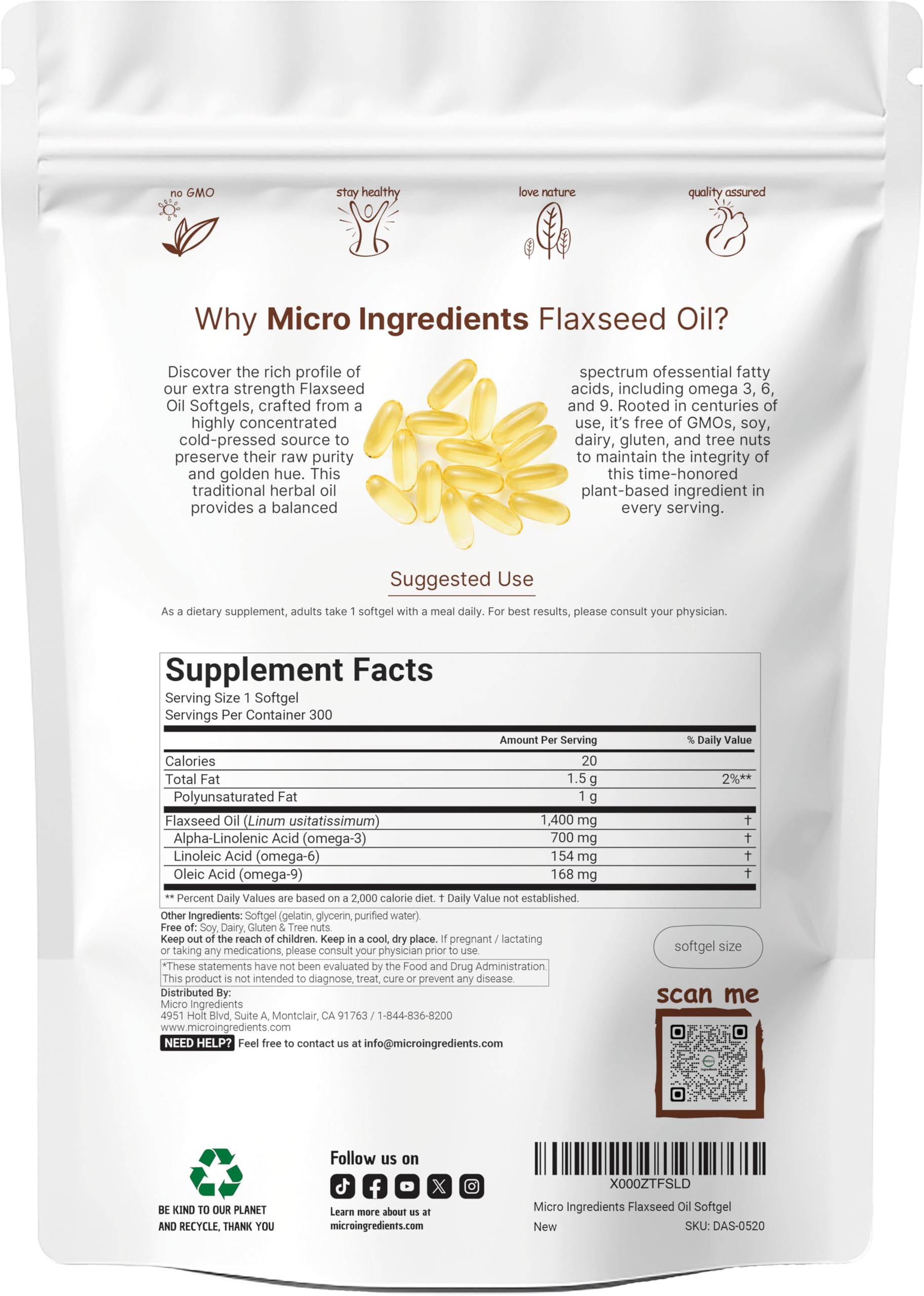 Micro Ingredients Flaxseed Oil 300 capsules side view