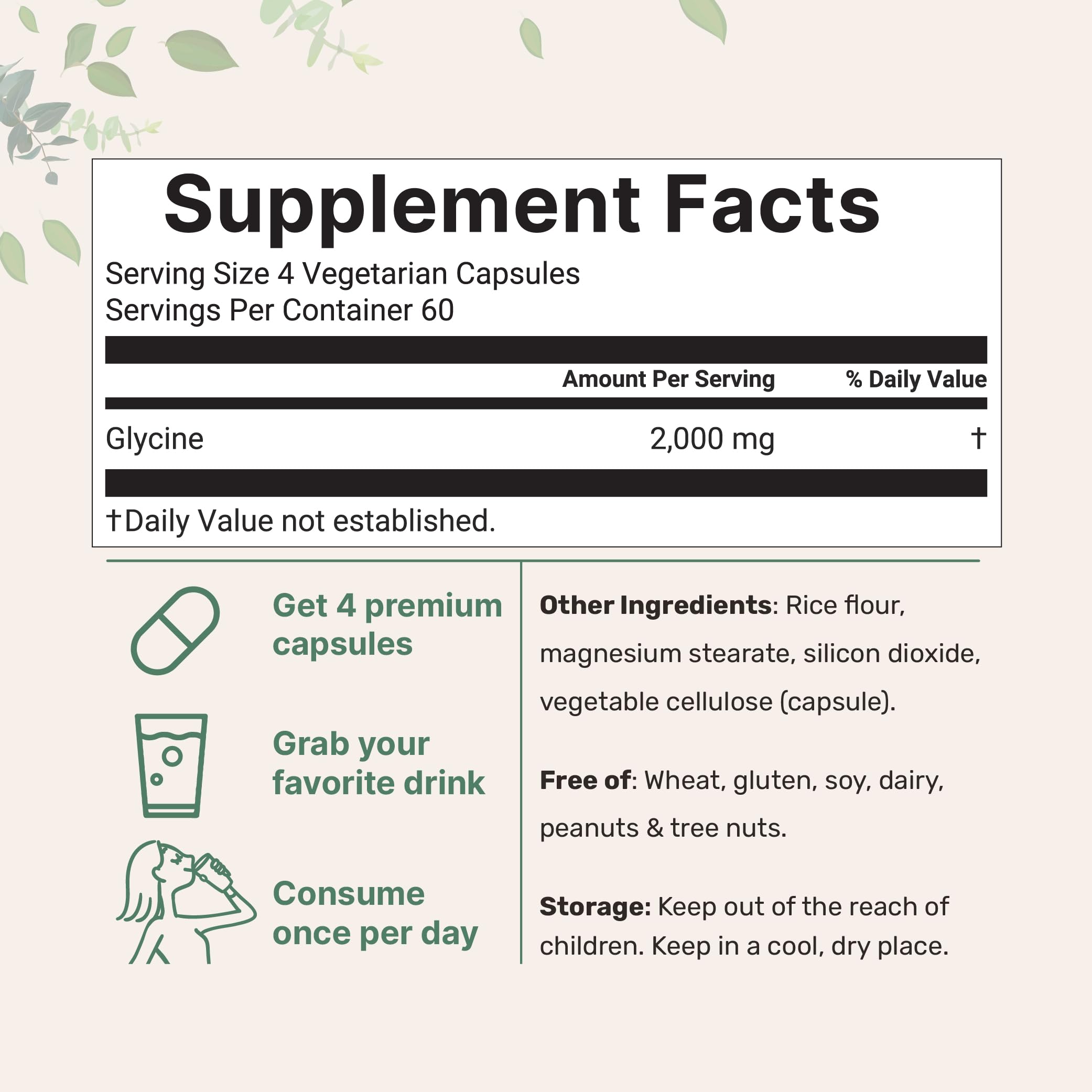 Micro Ingredients Glycine Veggie Capsules nutritional information label