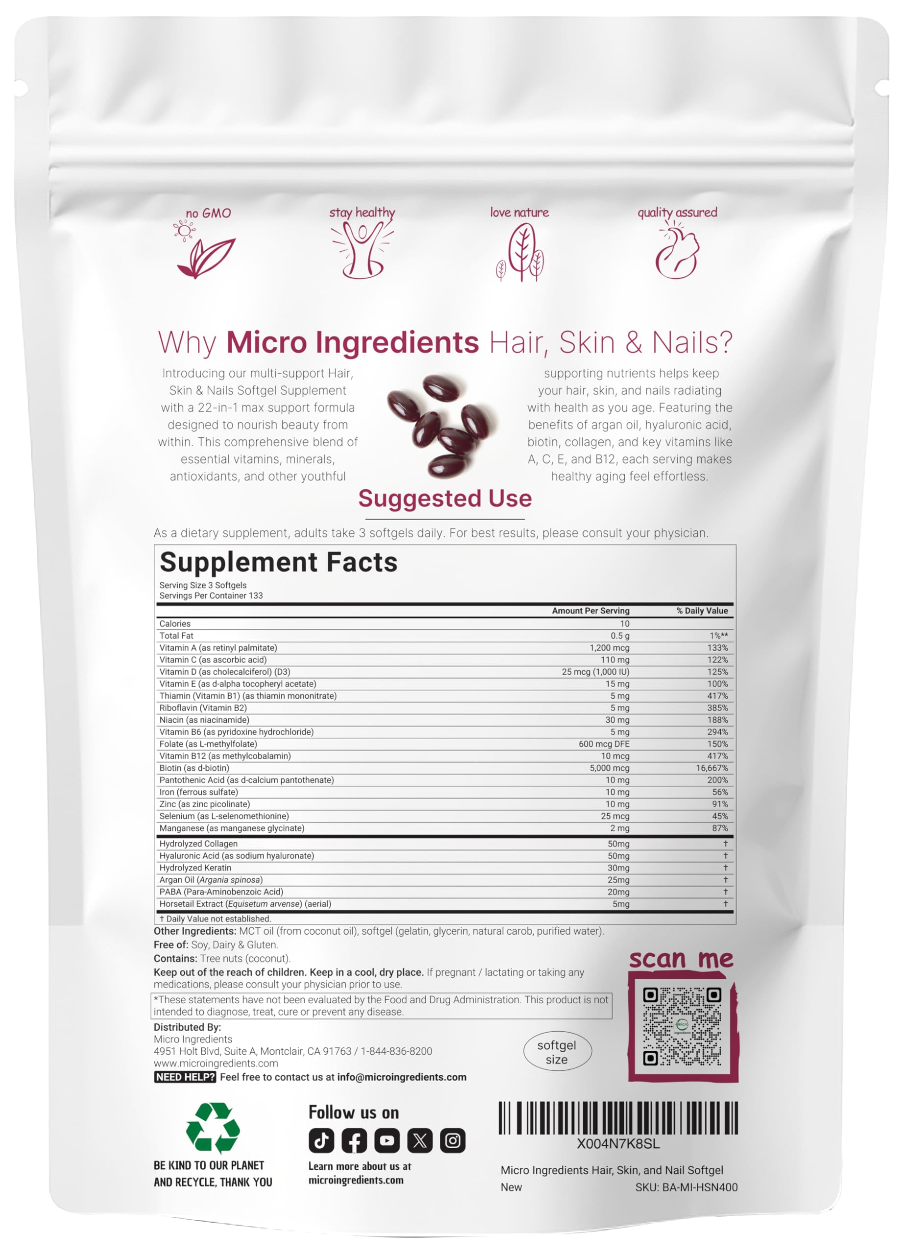 Micro Ingredients Hair, Skin & Nails Softgel Supplement side view showing softgels