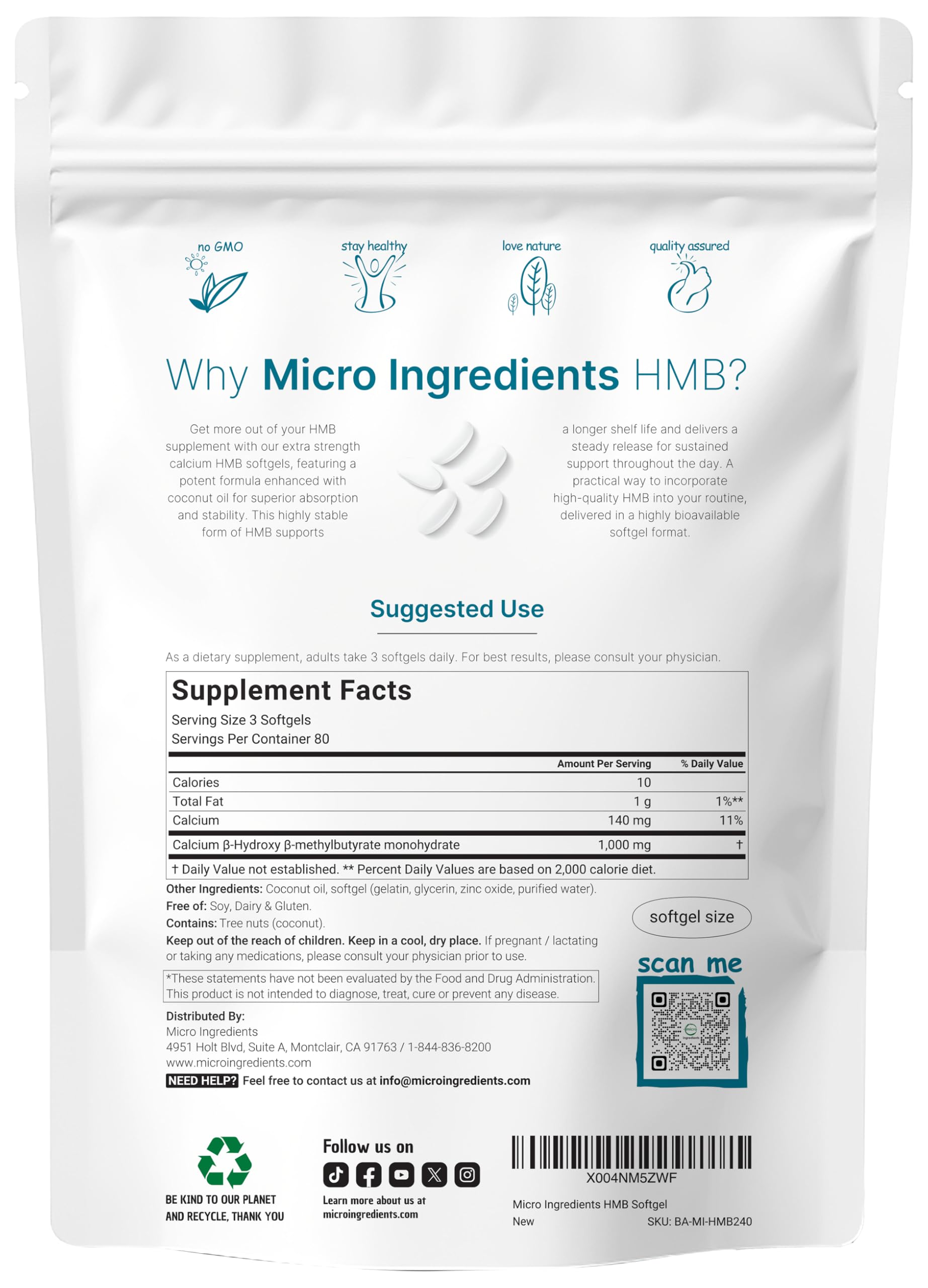 Micro Ingredients HMB Softgels side view showing softgel size