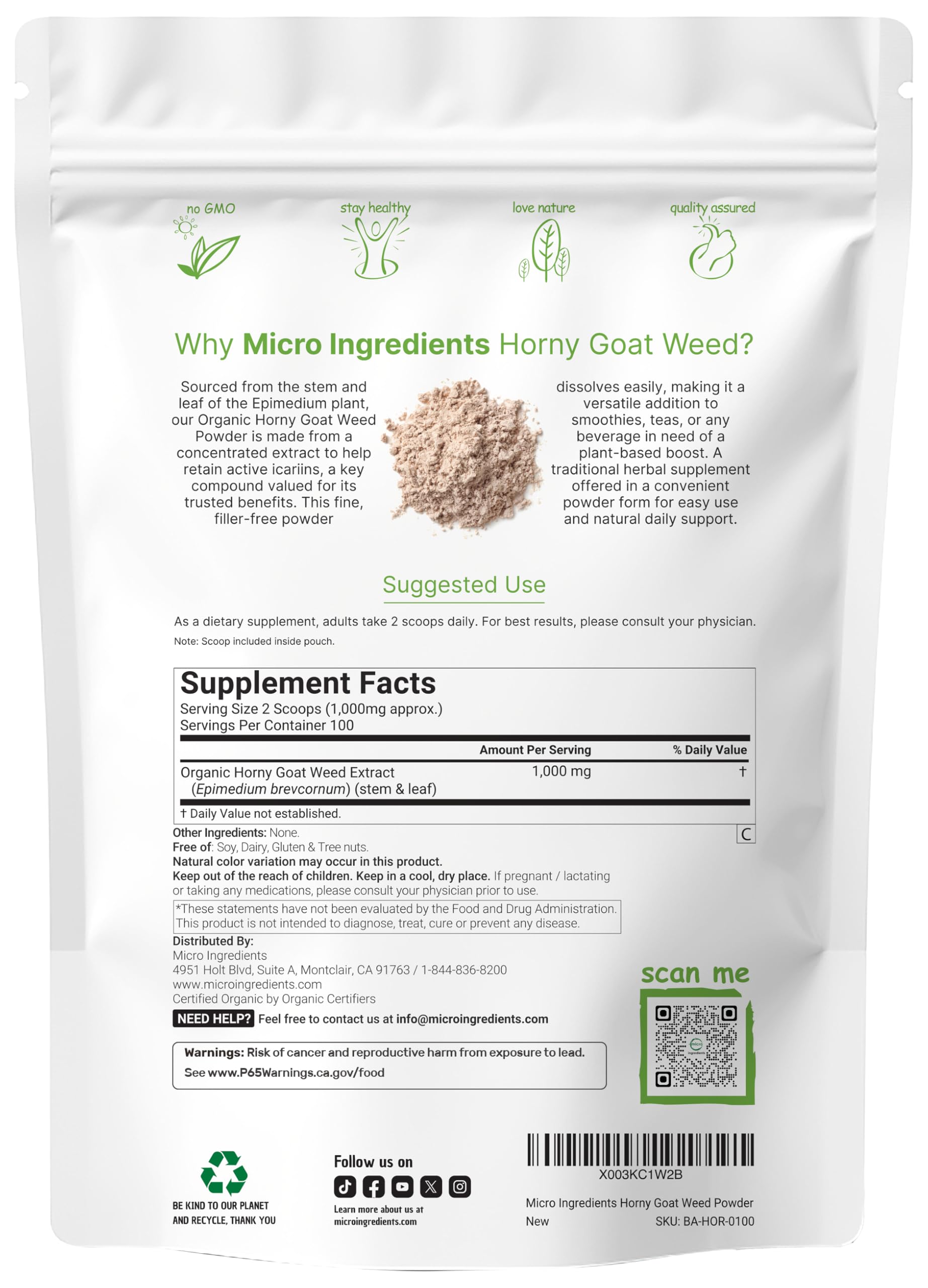 Micro Ingredients Horny Goat Weed Powder packaging side view