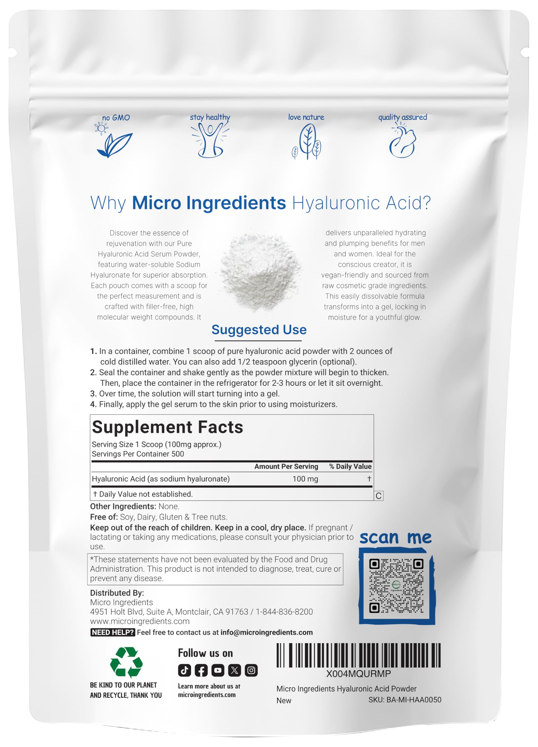 Micro Ingredients Hyaluronic Acid Powder 50g packaging details