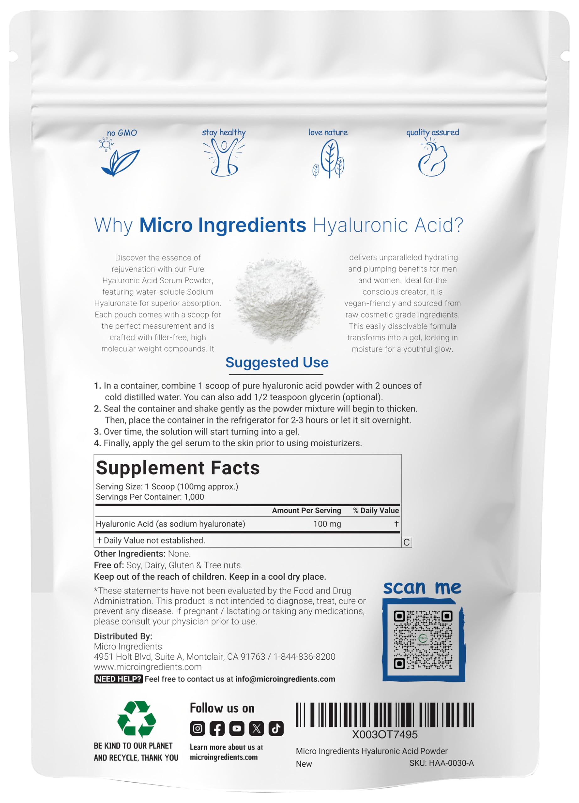 Micro Ingredients Hyaluronic Acid Powder packaging