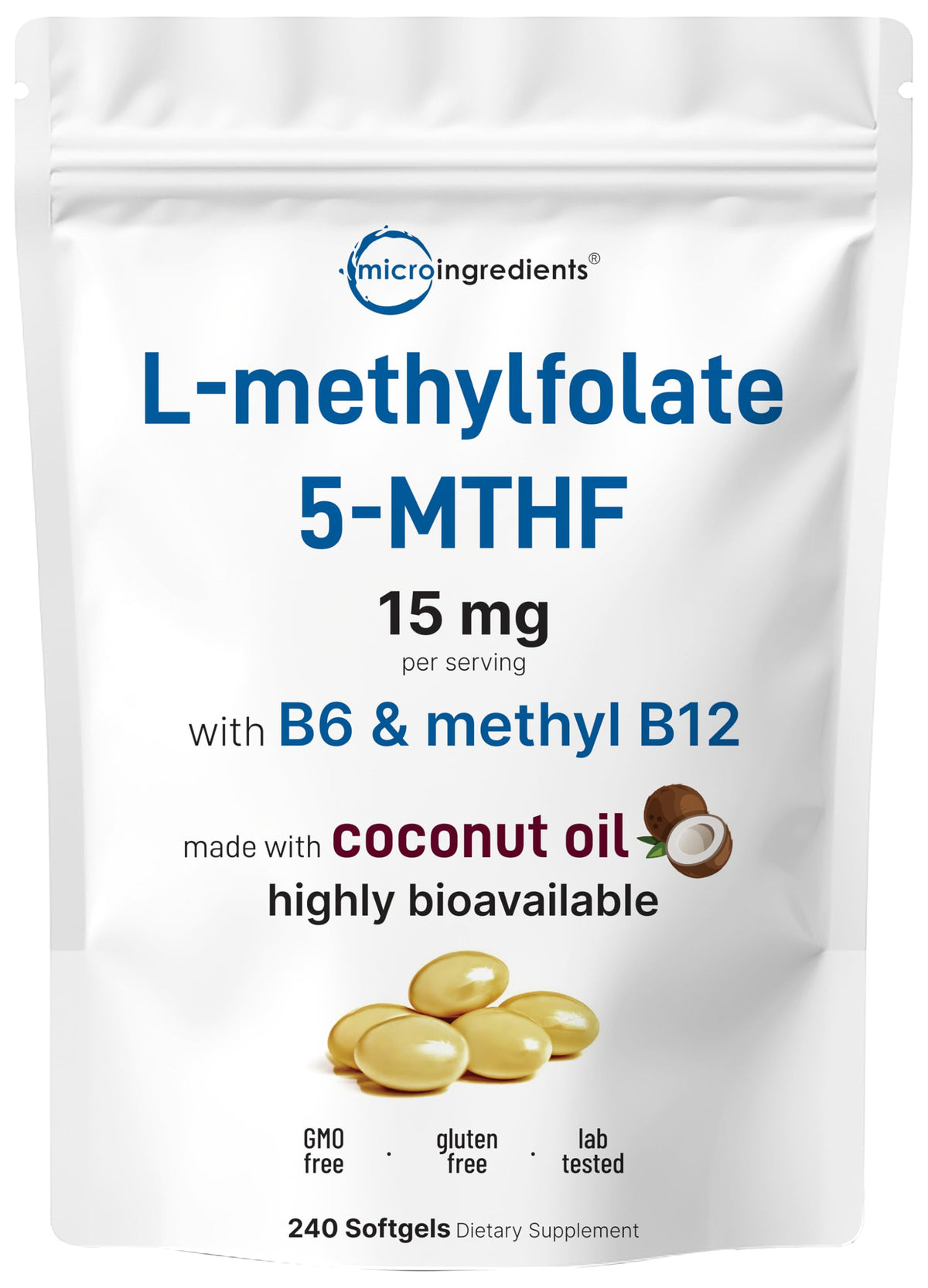 Micro Ingredients L-Methylfolate softgels front view with packaging