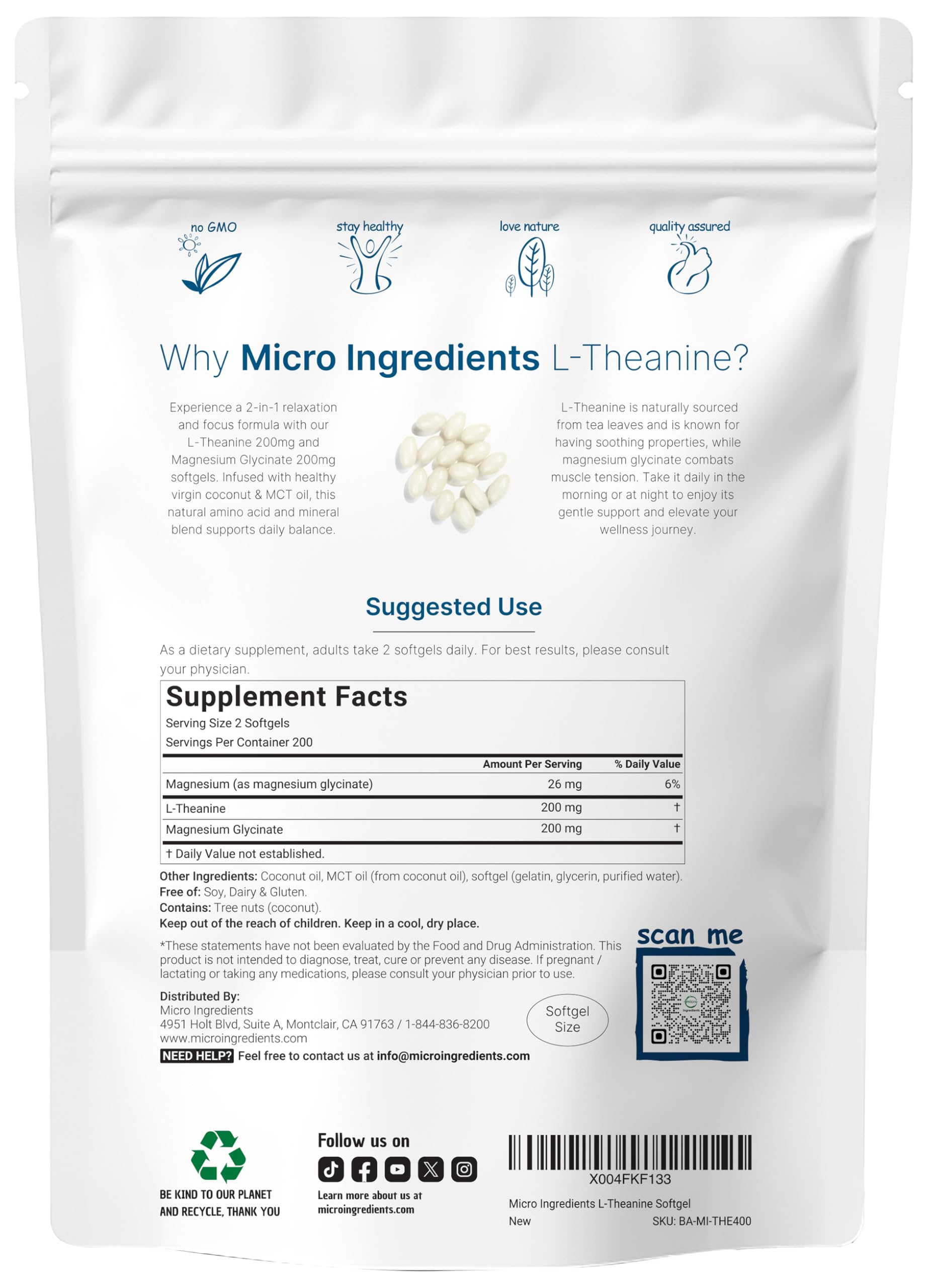 Micro Ingredients L-Theanine softgel pouch with 400 count