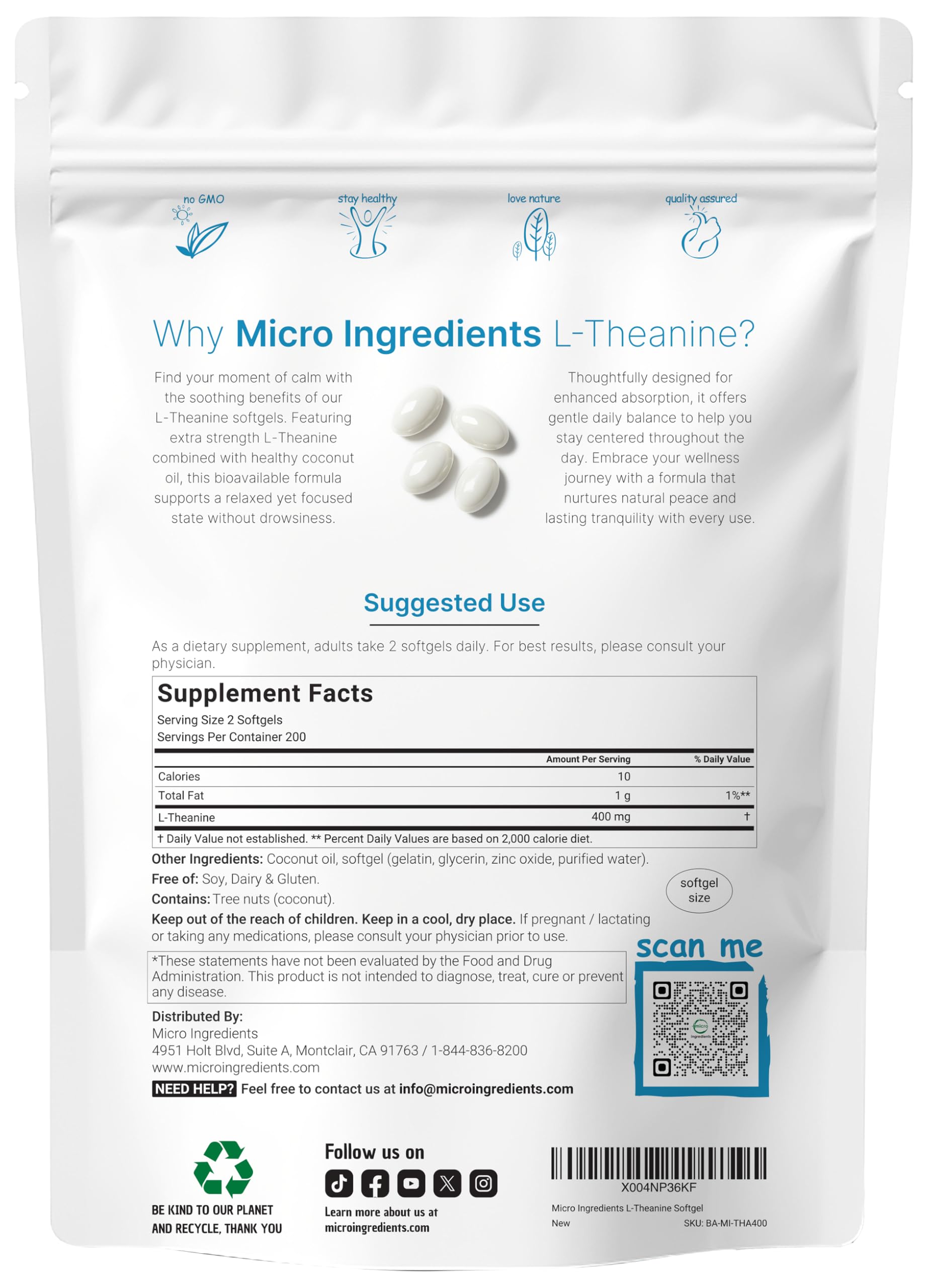 Micro Ingredients L-Theanine Softgels 400mg back view