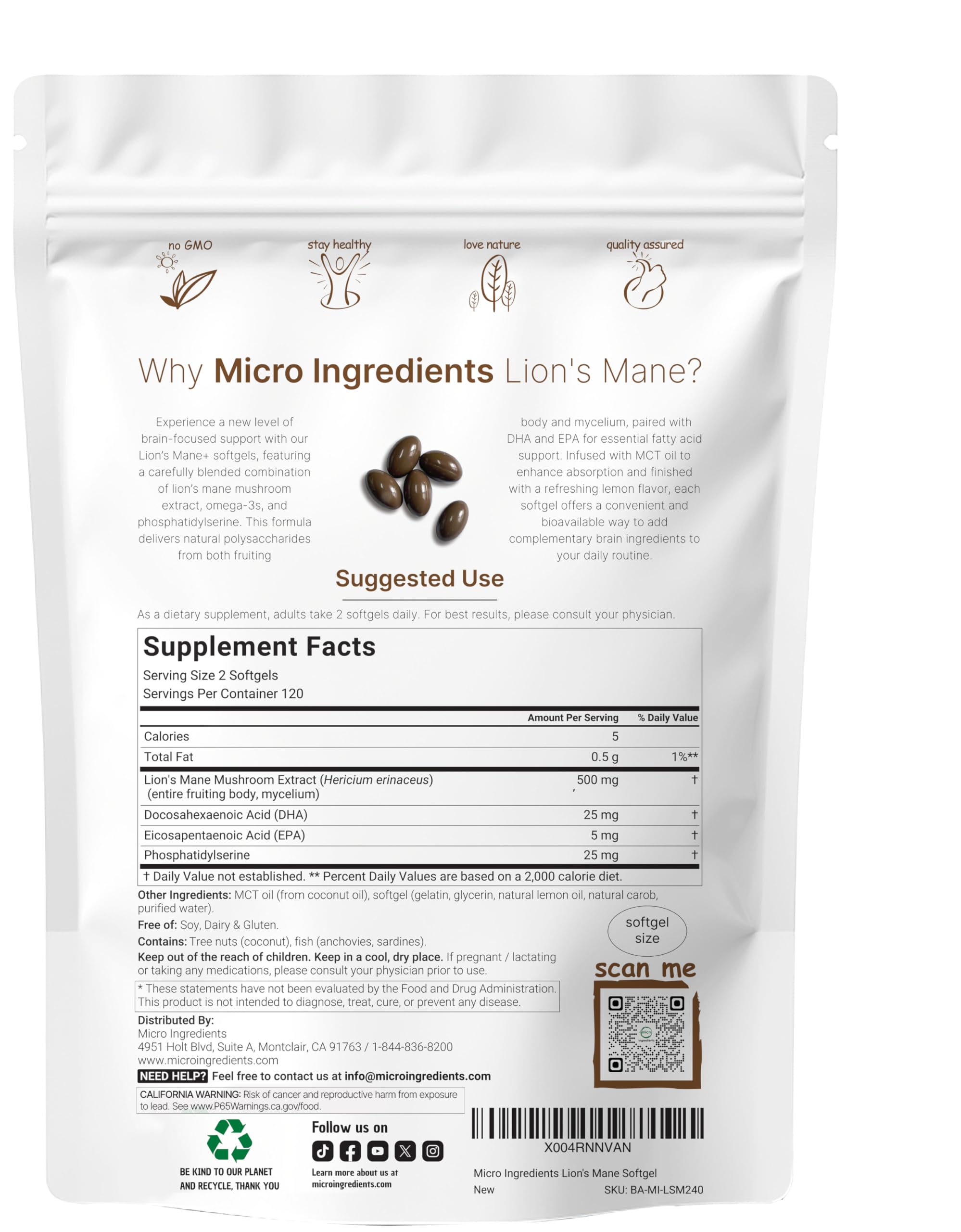 Micro Ingredients Lion’s Mane+ Softgels packaging side view