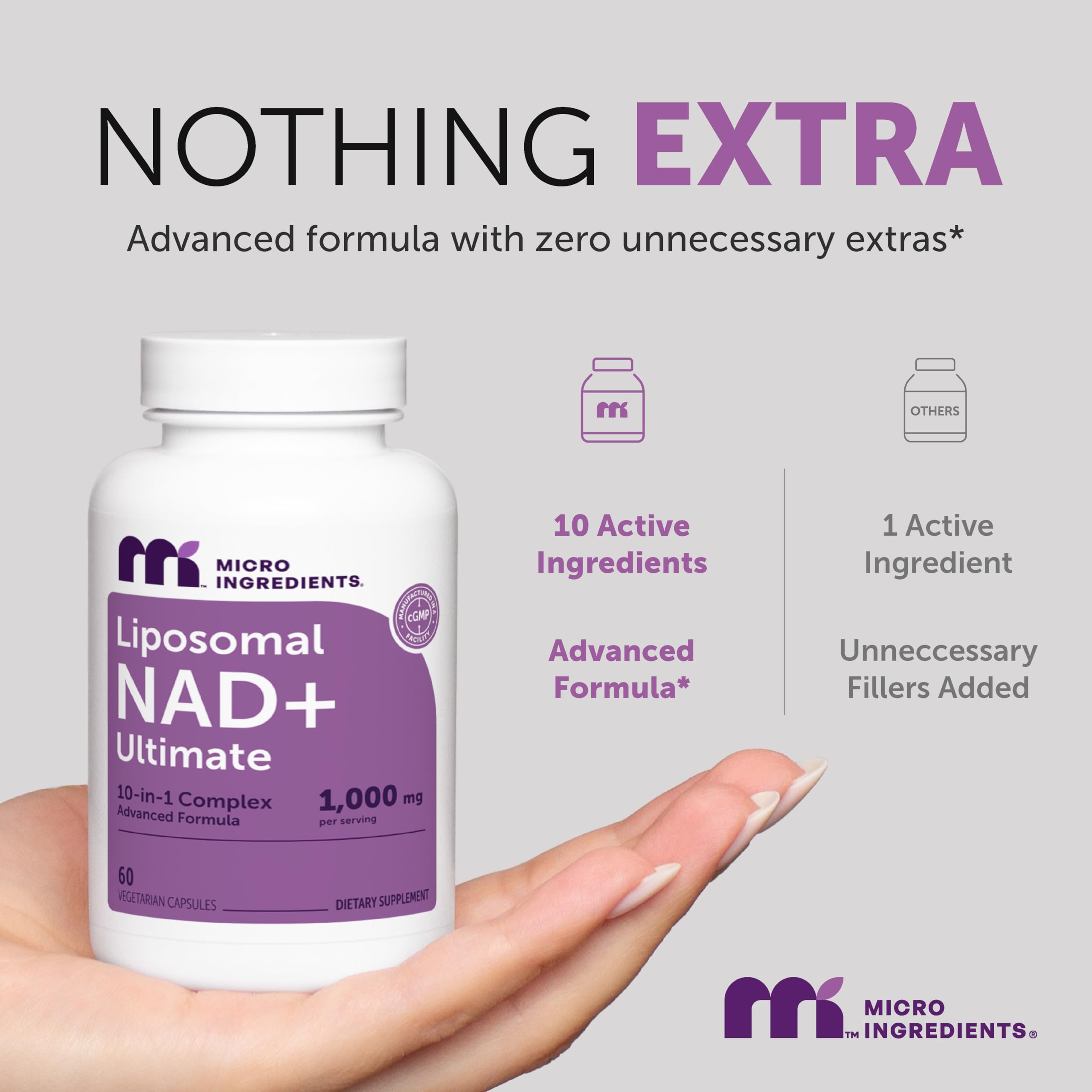 Micro Ingredients Liposomal NAD+ 10-in-1 vegetarian capsules with a measuring spoon