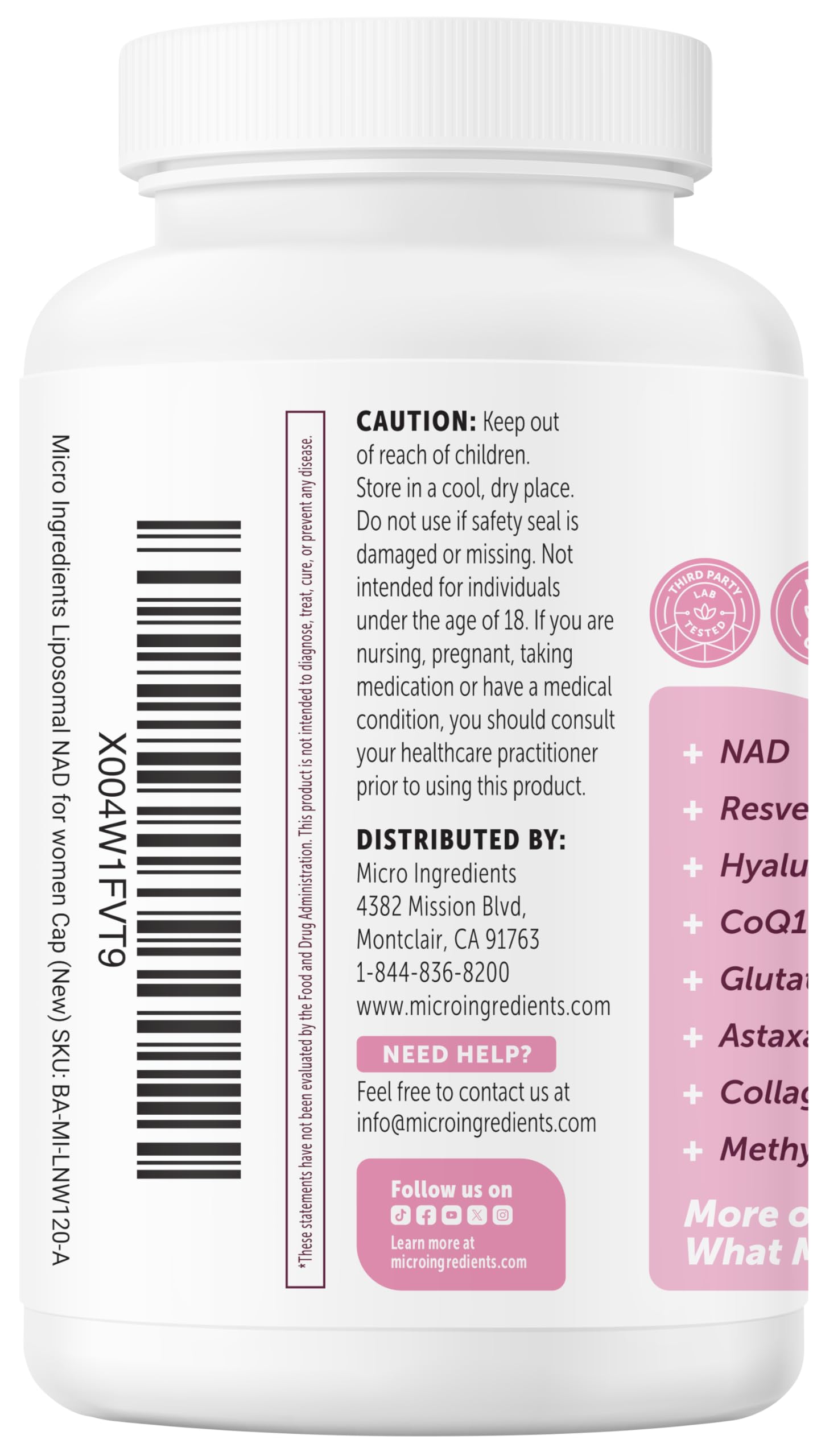 Micro Ingredients Liposomal NAD+ 12-in-1 Supplement packaging details