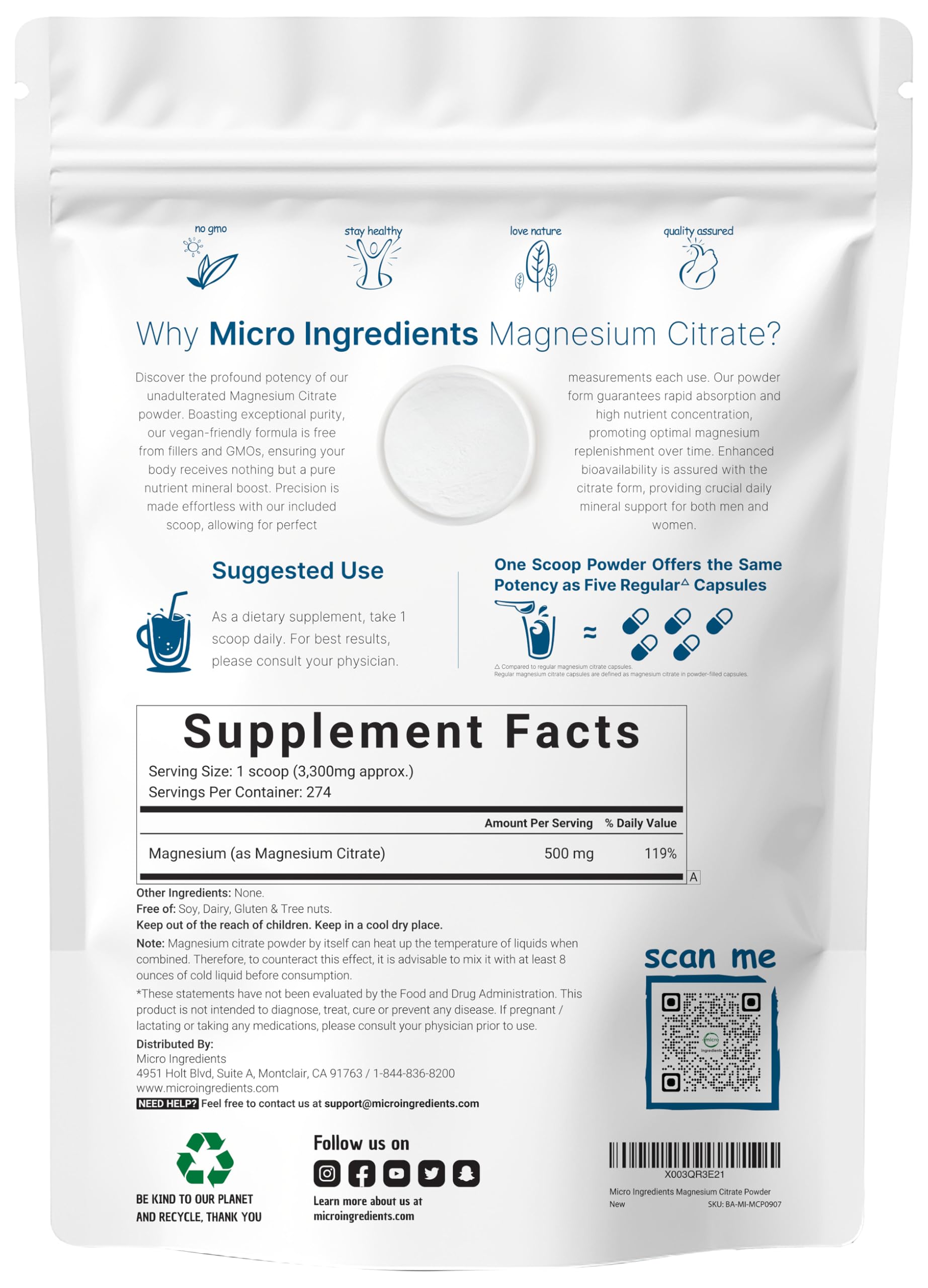 Micro Ingredients Magnesium Citrate Powder packaging side view