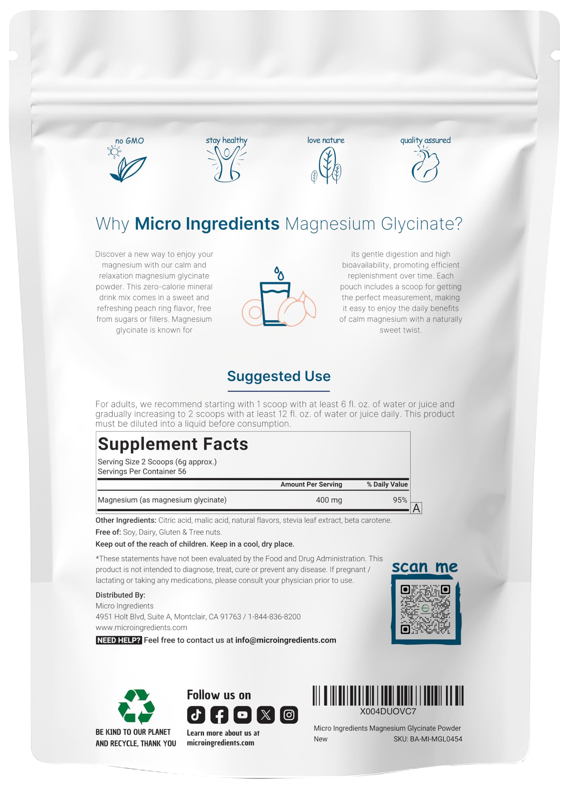 Micro Ingredients Magnesium Glycinate Powder 330g with scoop