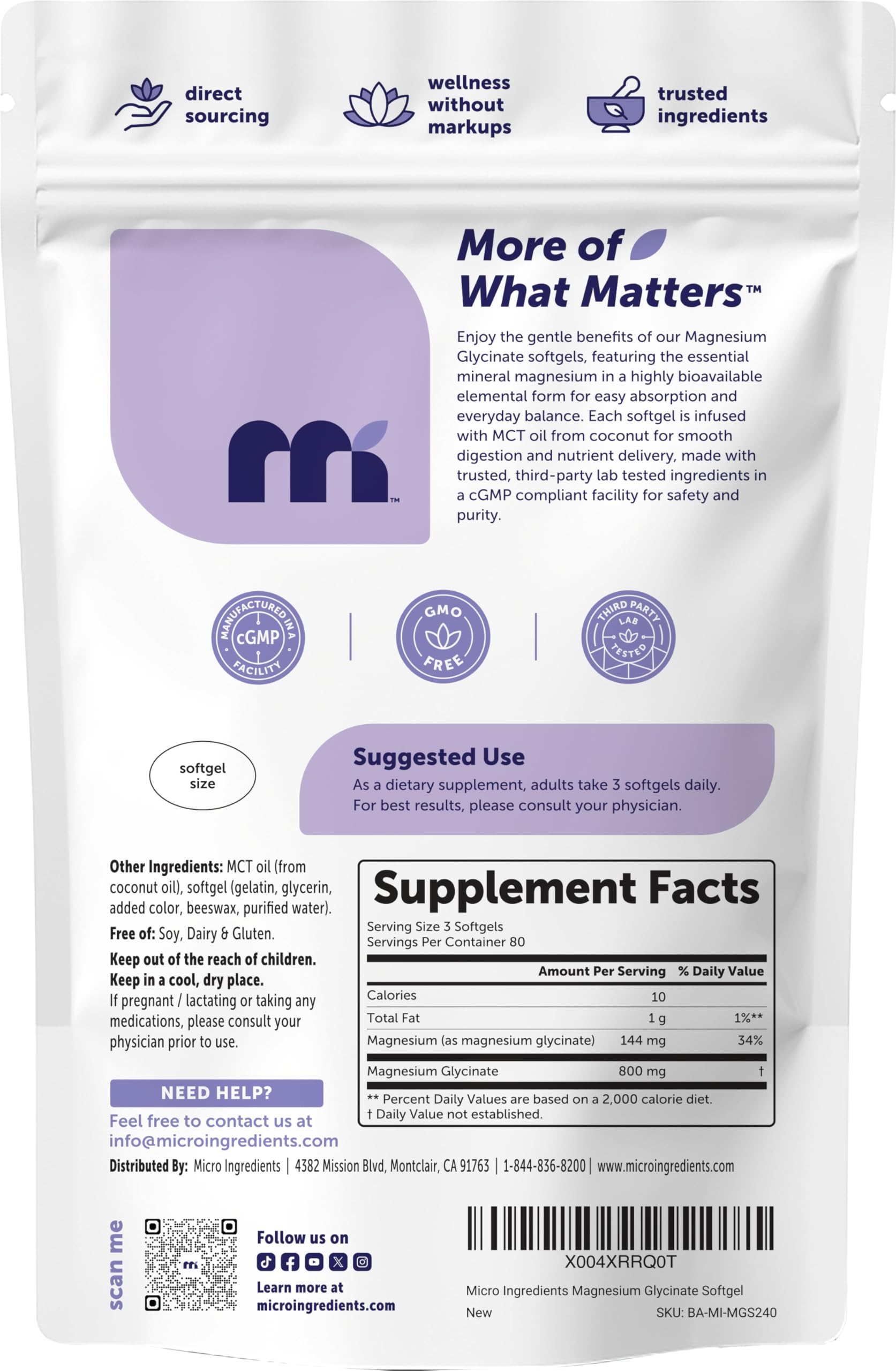 Micro Ingredients Magnesium Glycinate softgels on a wooden table