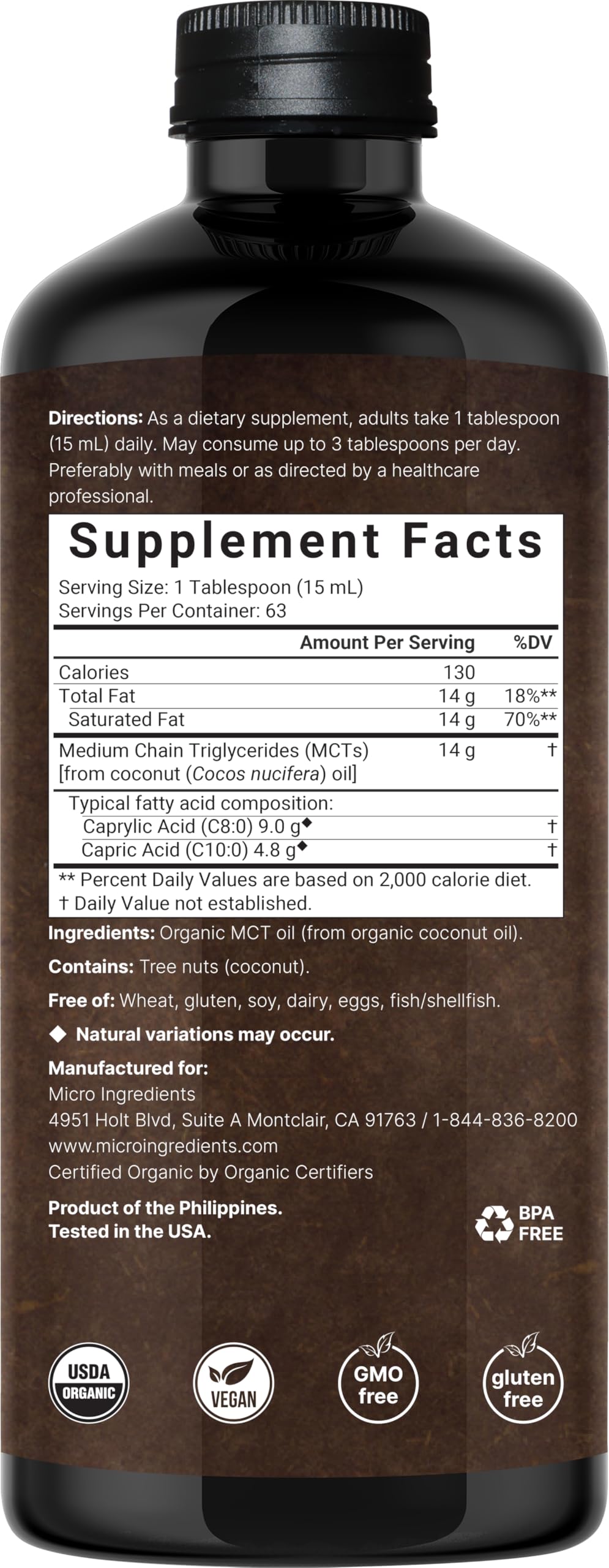 Micro Ingredients MCT Oil bottle side view