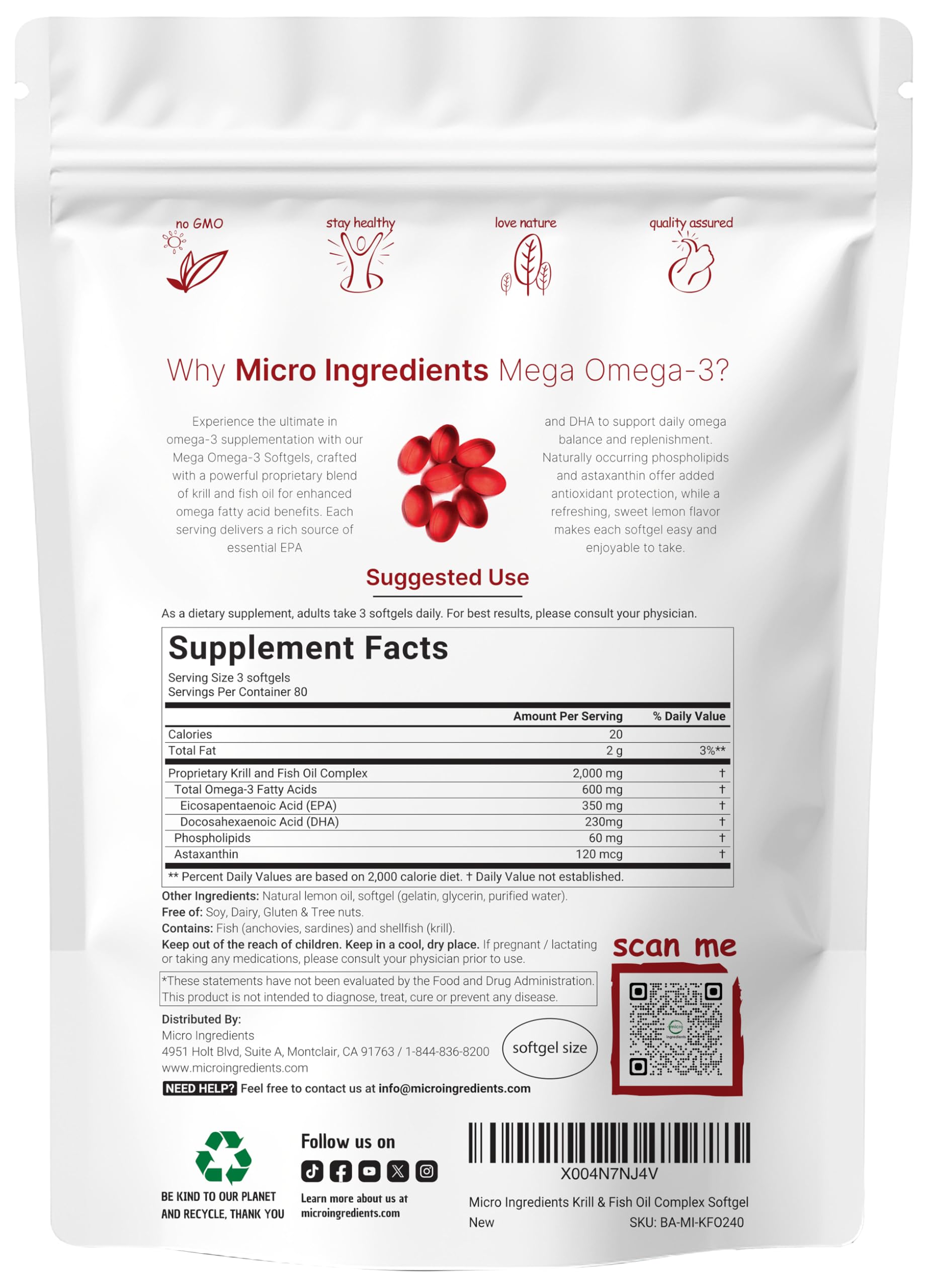 Micro Ingredients Mega Omega-3 Krill Oil Softgels back view with nutritional information