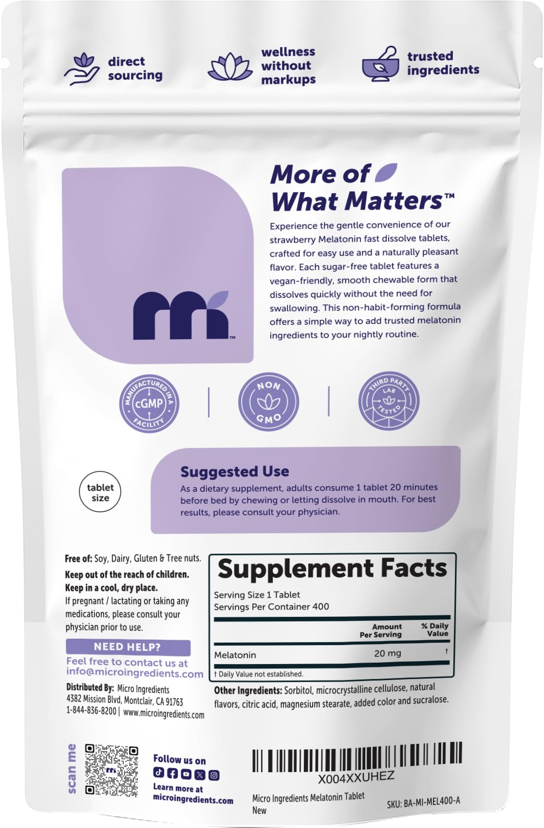 Micro Ingredients Melatonin 20mg Strawberry Tablets in a hand