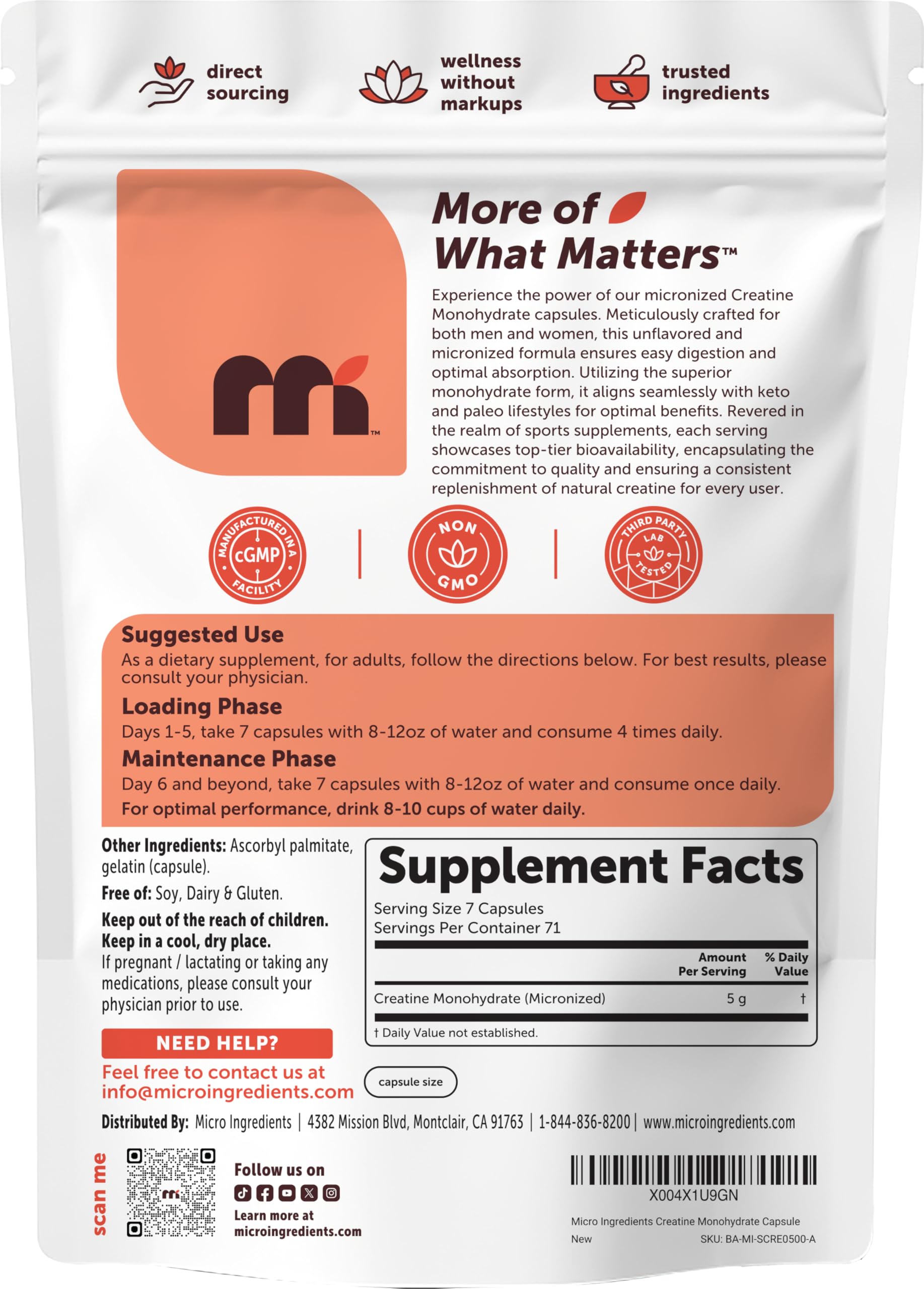 Micro Ingredients Micronized Creatine Capsules back view