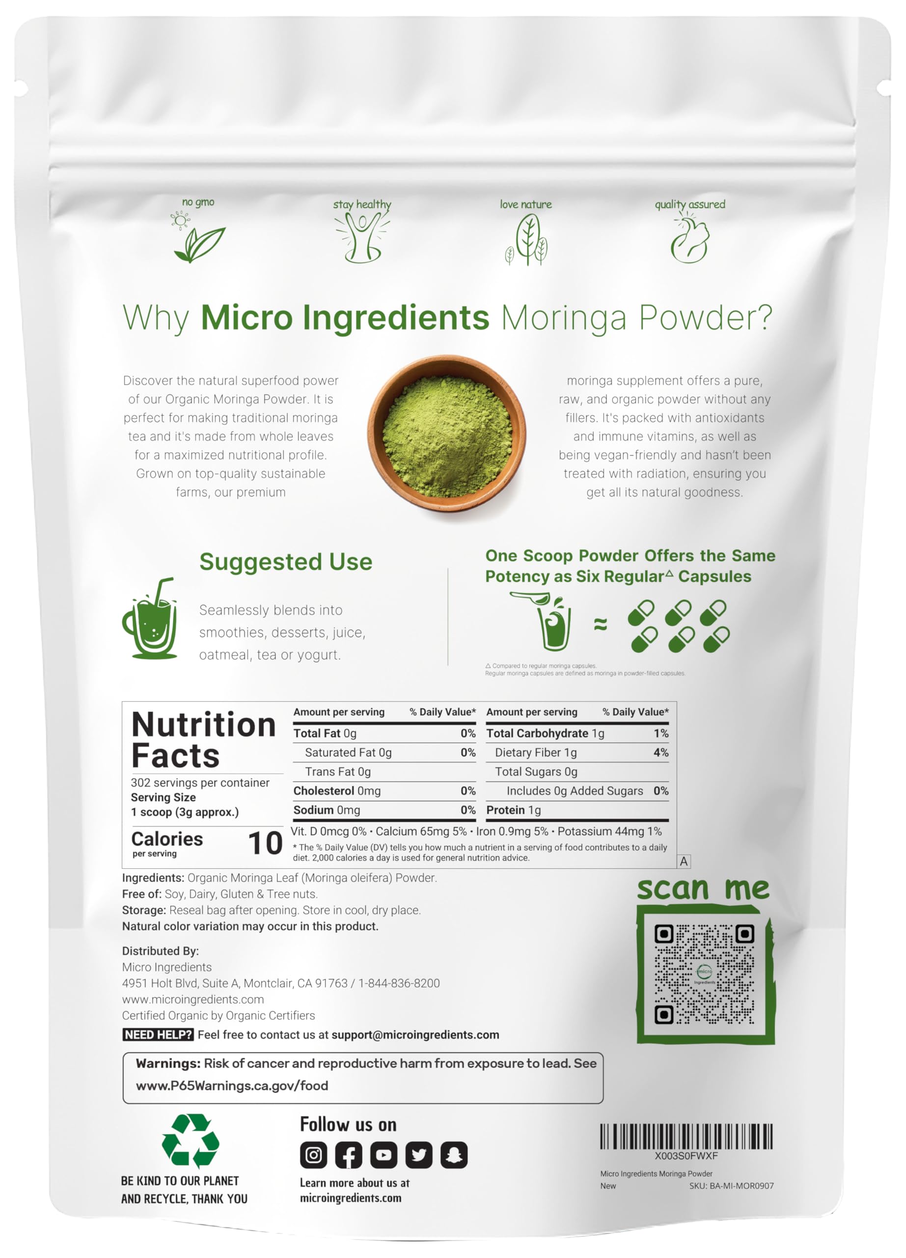 Micro Ingredients Moringa Leaf Powder packaging side view