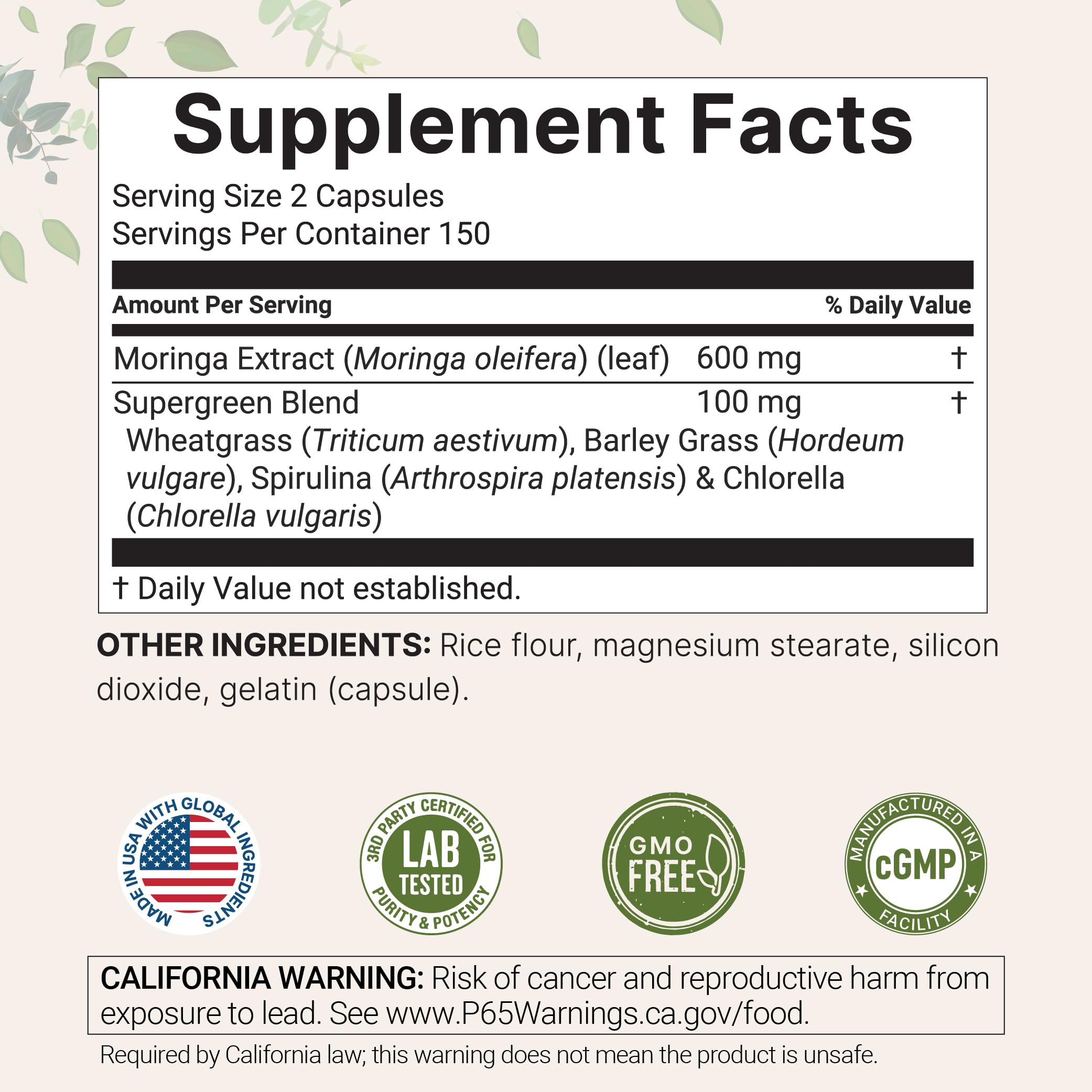 Micro Ingredients Moringa Oleifera Capsules side view showing label